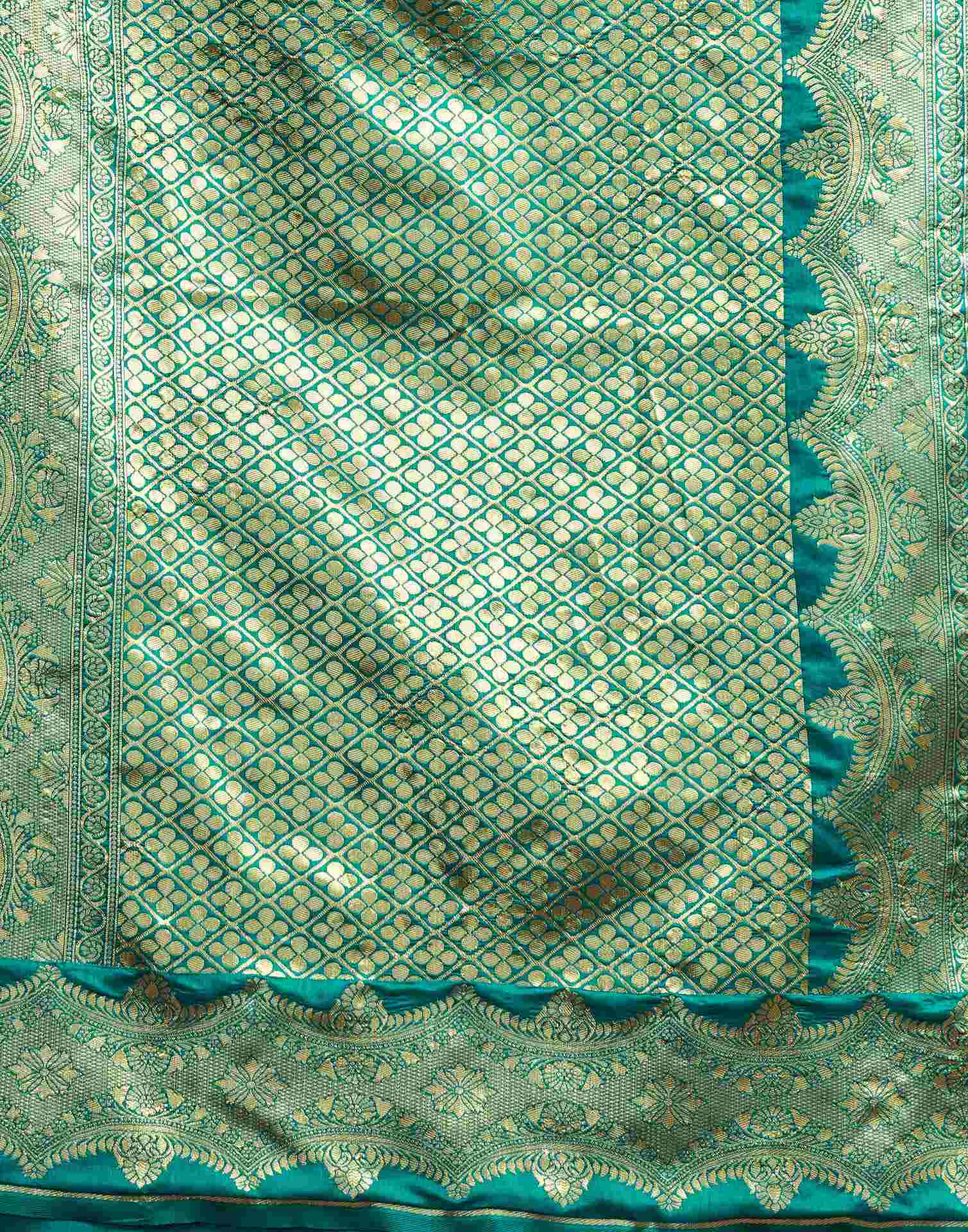 Teal Green Silk Woven Banarasi Saree - Image 8
