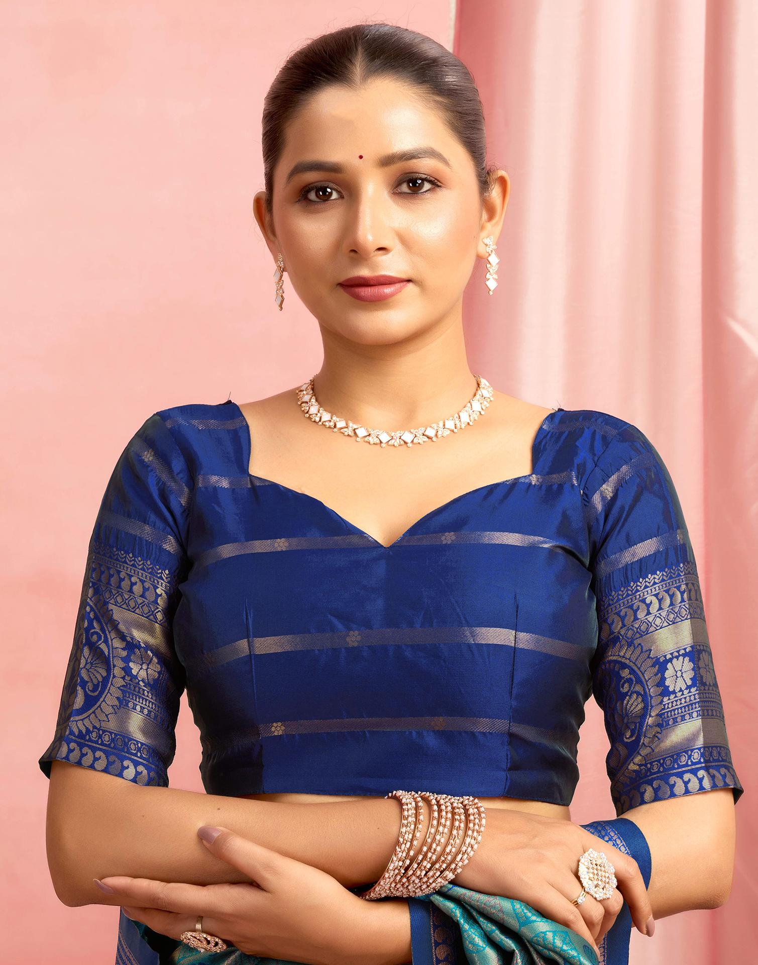 Teal Green Silk Woven Kanjivaram Saree - Image 8