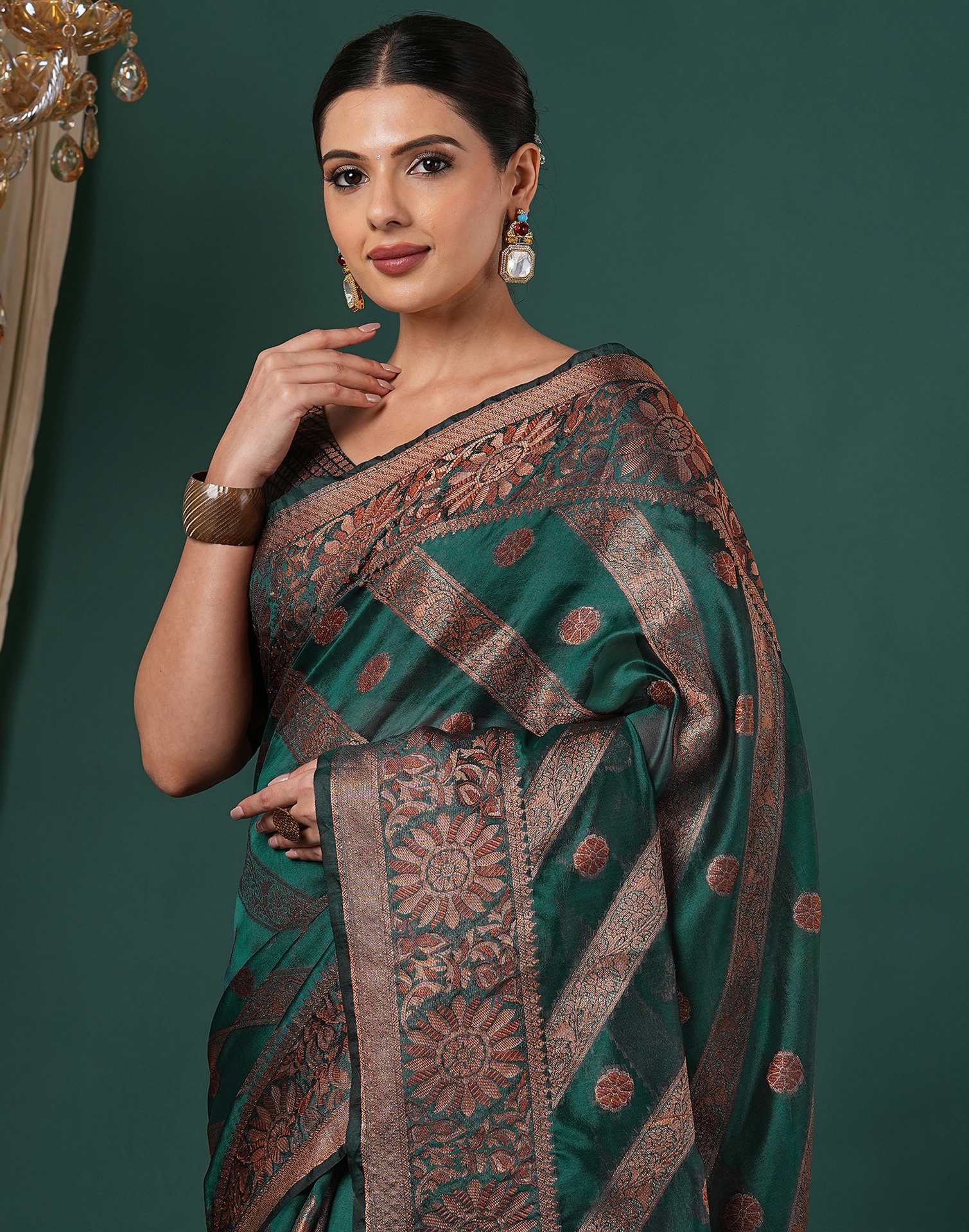 Teal Green Silk Woven Saree - Image 2