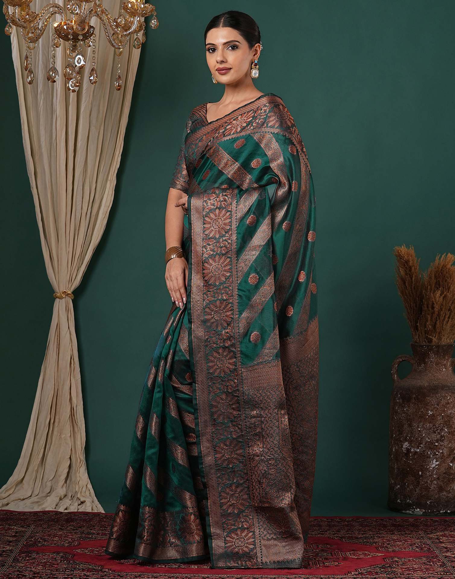 Teal Green Silk Woven Saree - Image 4