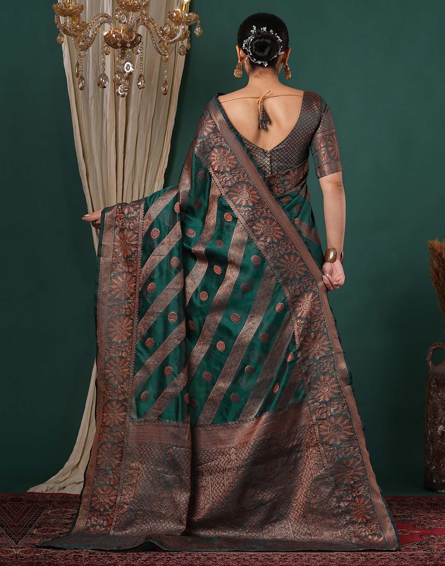 Teal Green Silk Woven Saree - Image 5
