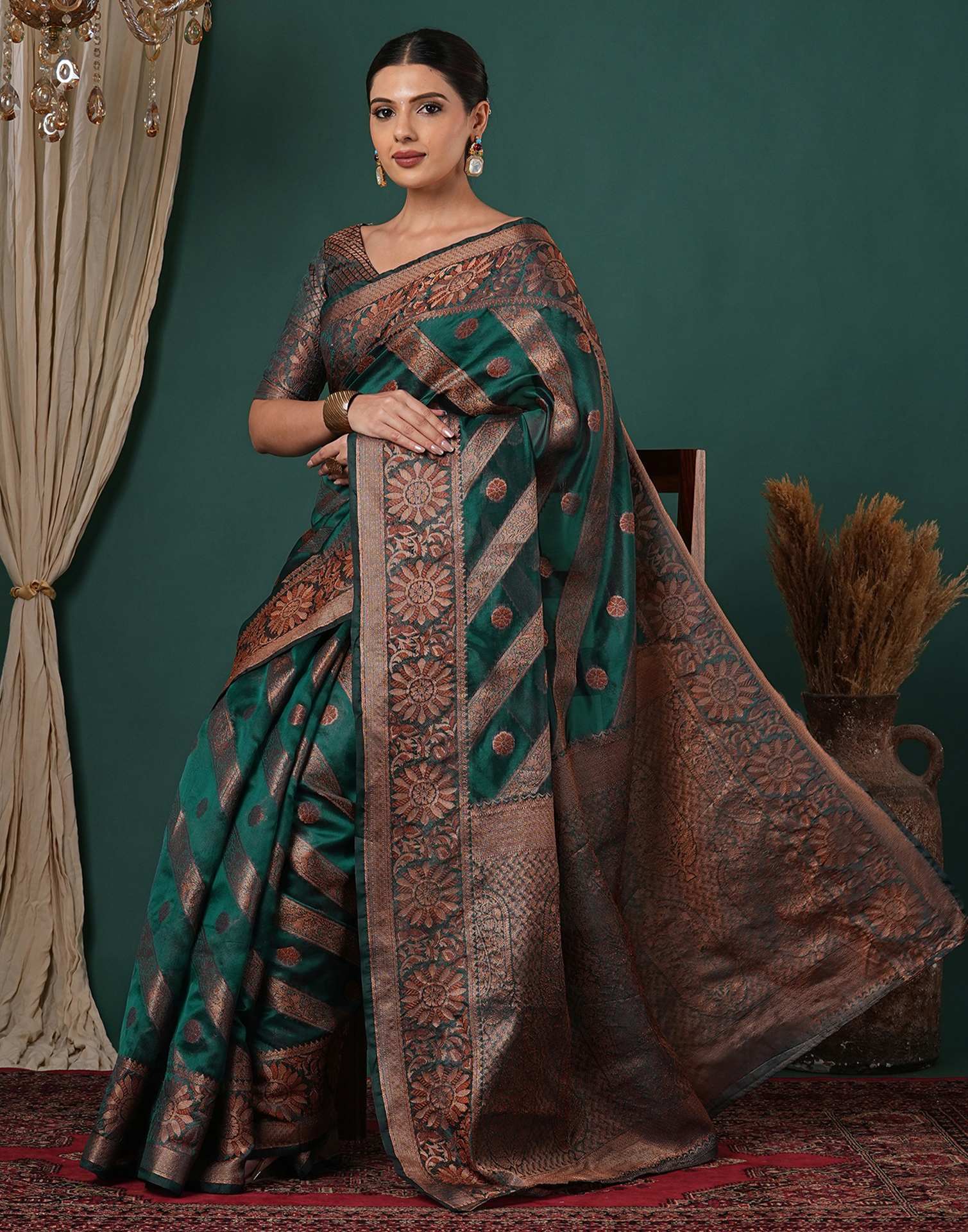Teal Green Silk Woven Saree - Image 6