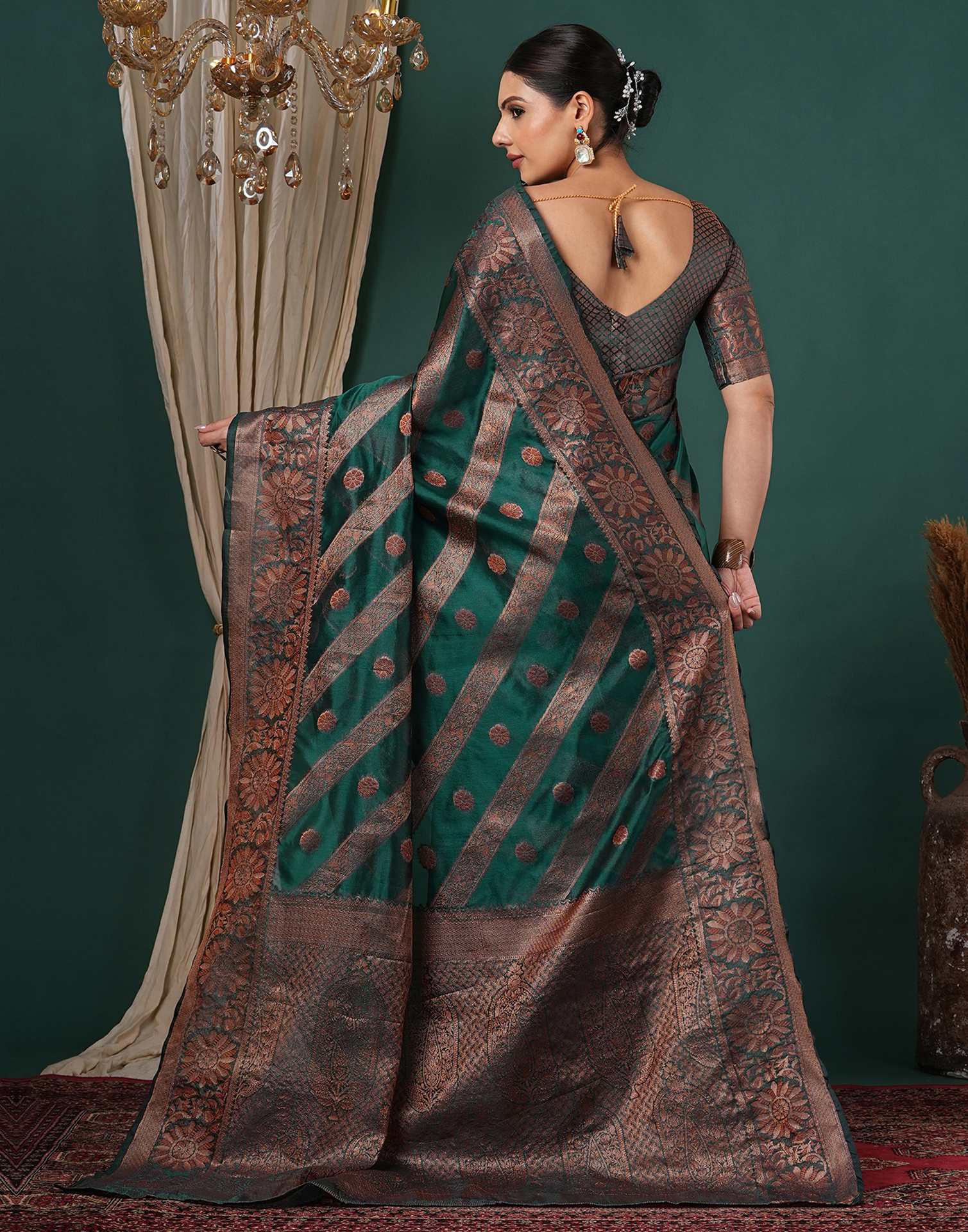 Teal Green Silk Woven Saree - Image 7