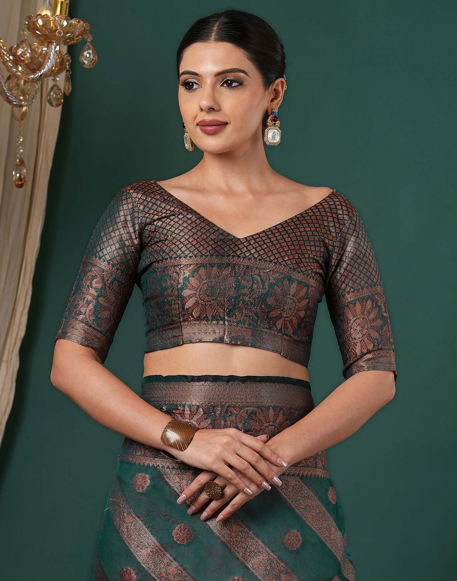 Teal Green Silk Woven Saree - Image 8
