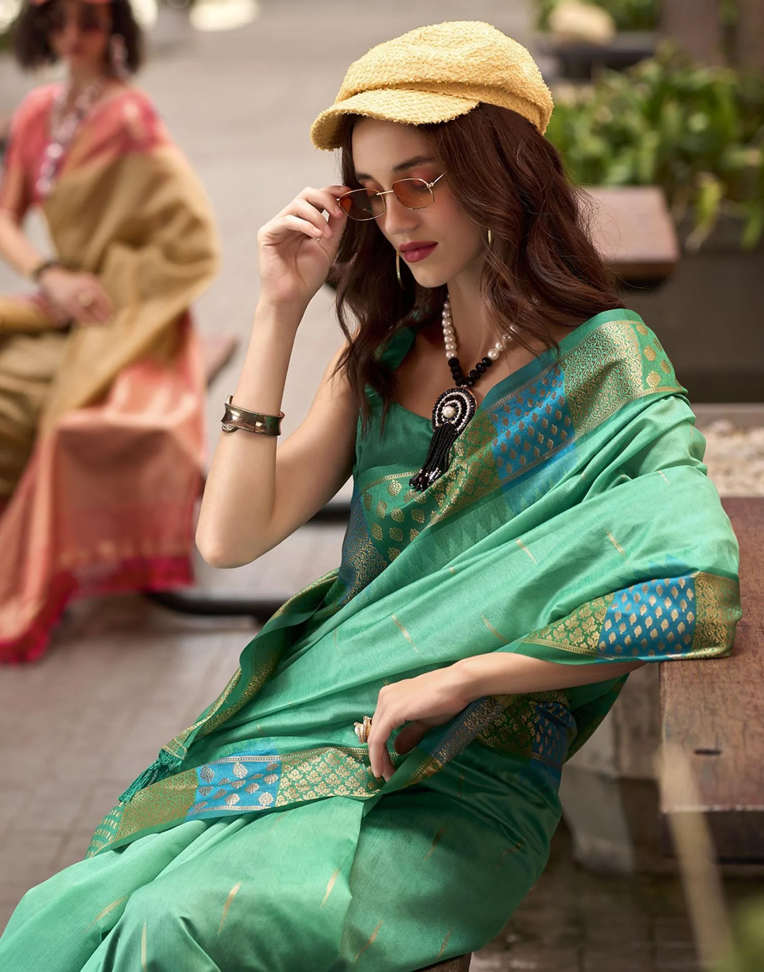 Teal Green Silk Woven Saree - Image 5