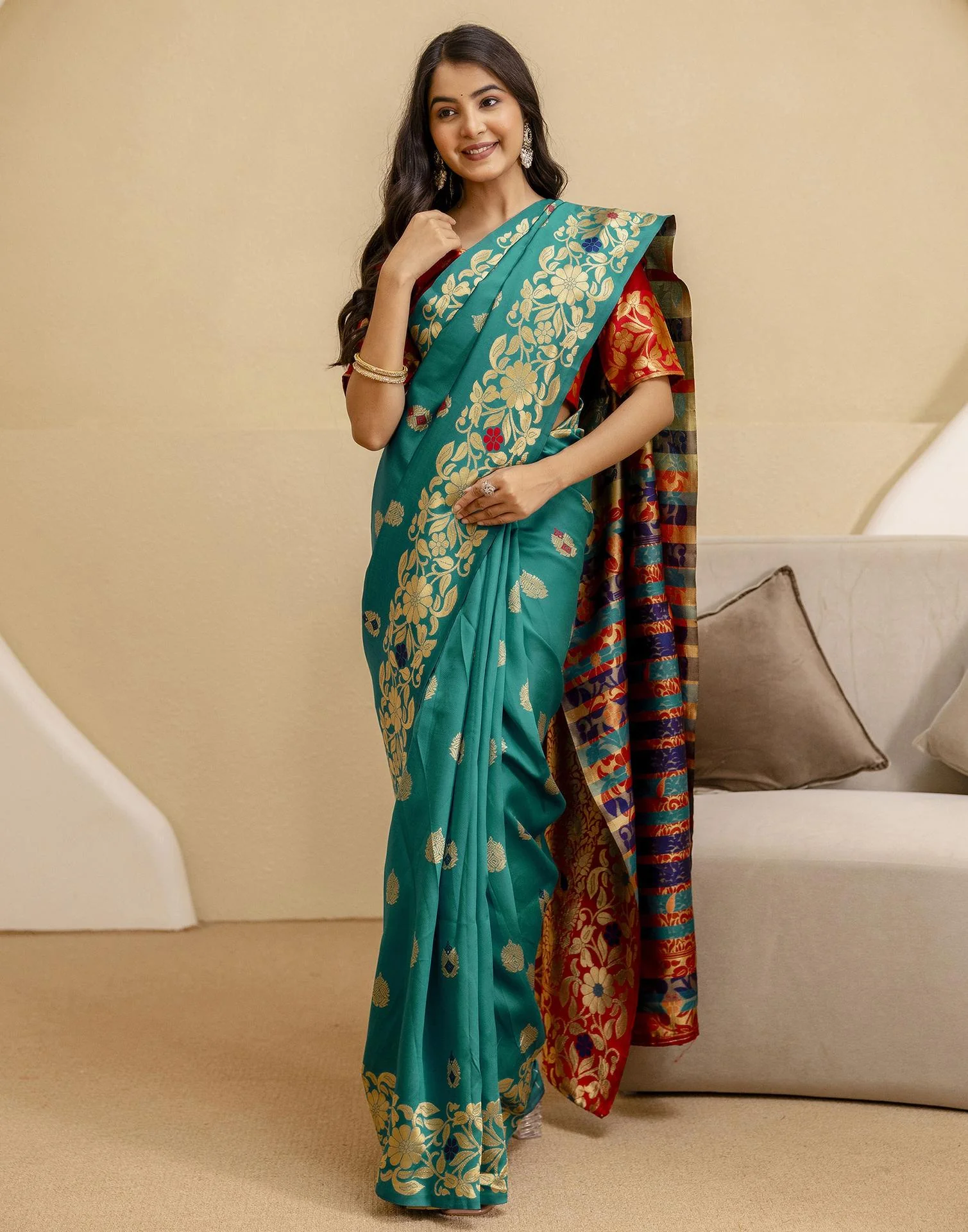 Teal Green Silk Woven Banarasi Saree - Image 10