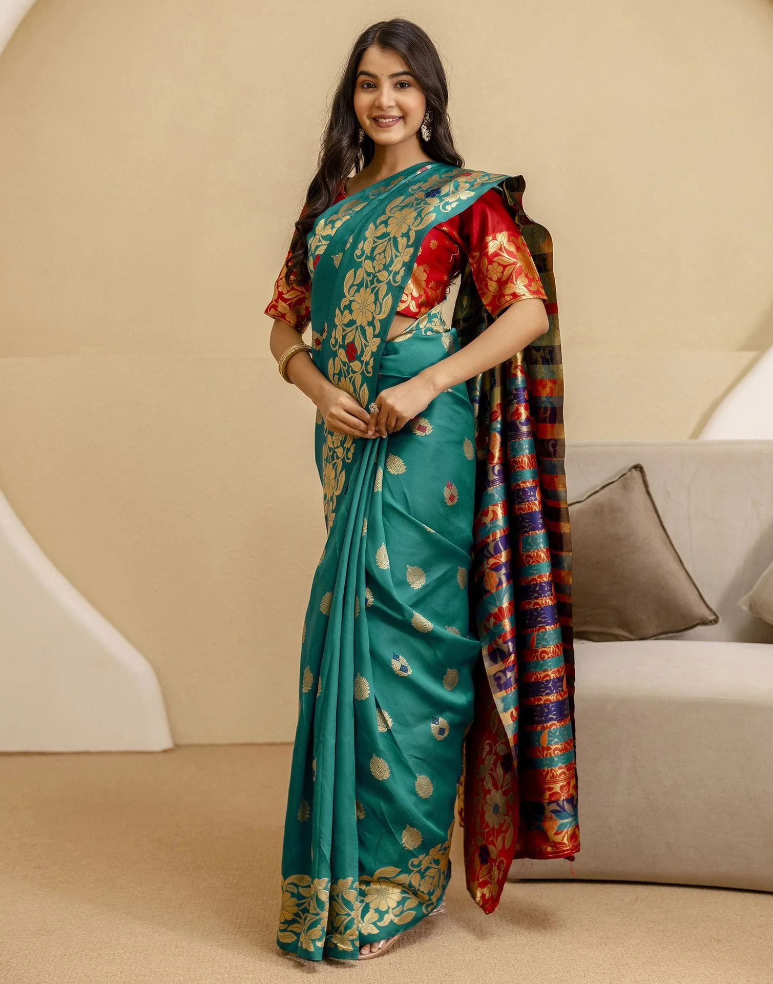 Teal Green Silk Woven Banarasi Saree - Image 11