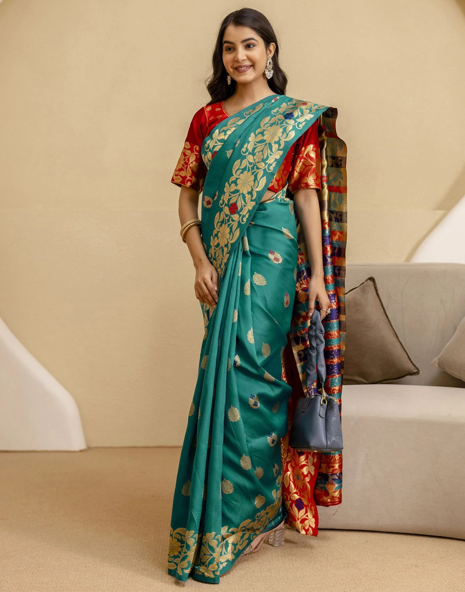 Teal Green Silk Woven Banarasi Saree - Image 12