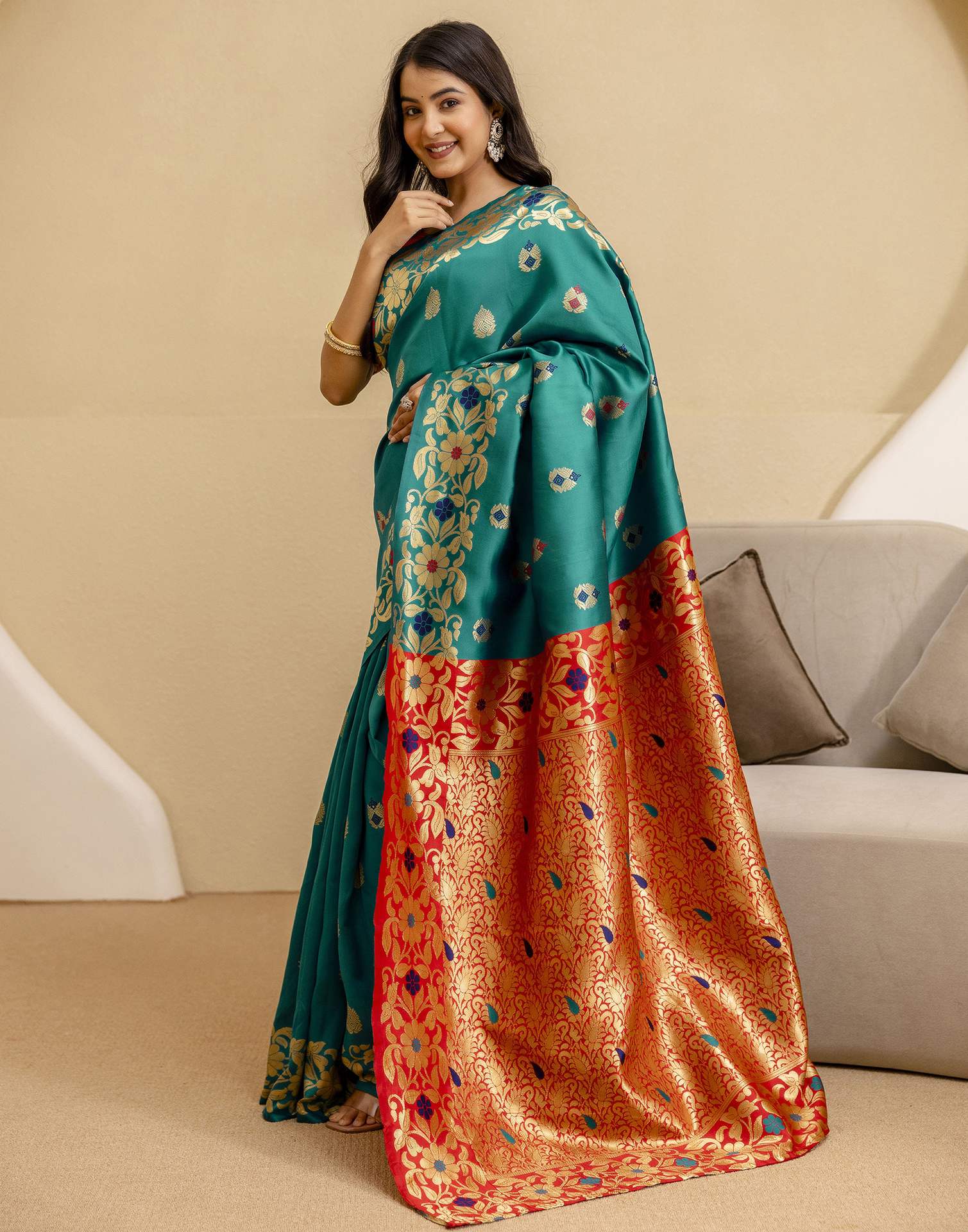 Teal Green Silk Woven Banarasi Saree - Image 13