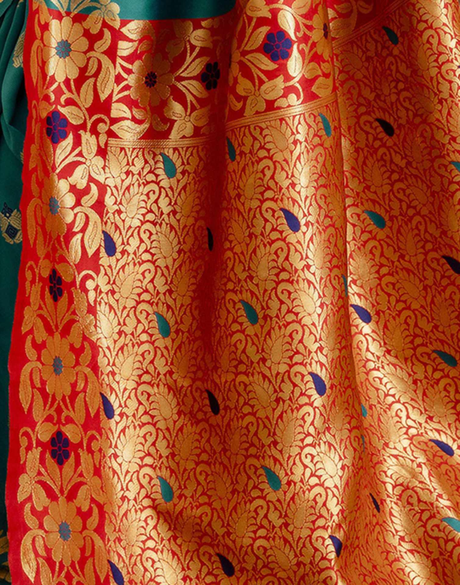 Teal Green Silk Woven Banarasi Saree - Image 14
