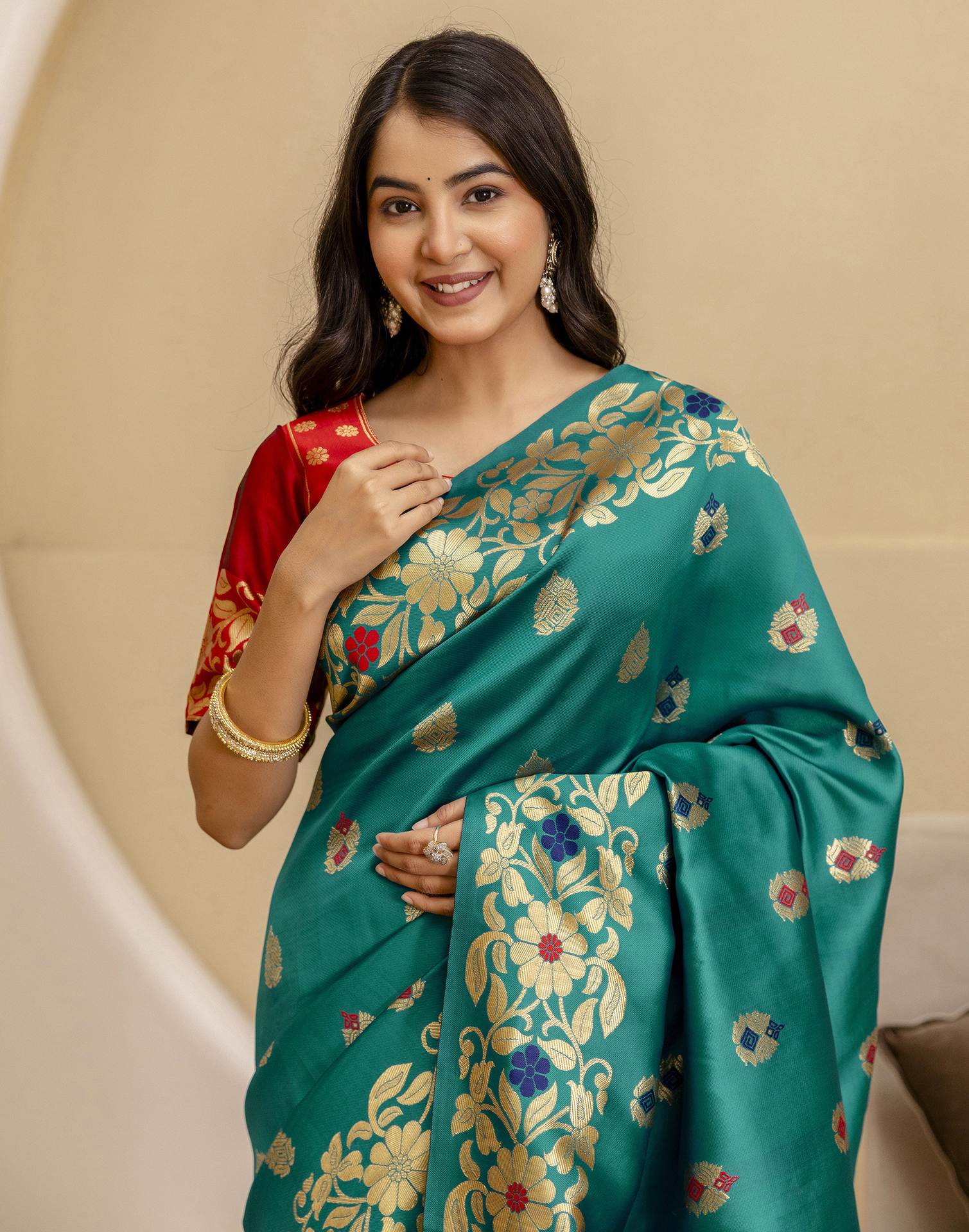 Teal Green Silk Woven Banarasi Saree - Image 2