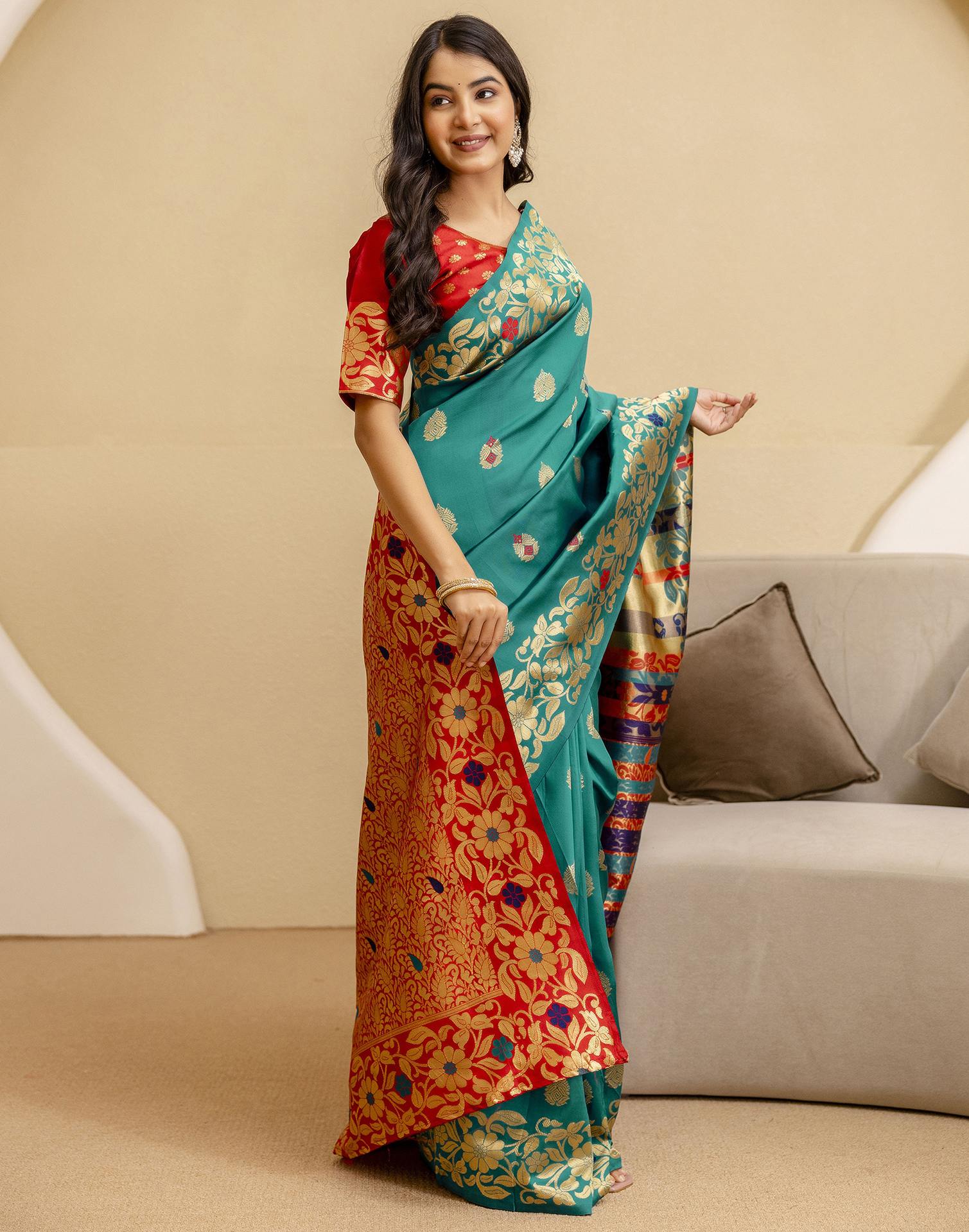 Teal Green Silk Woven Banarasi Saree - Image 6