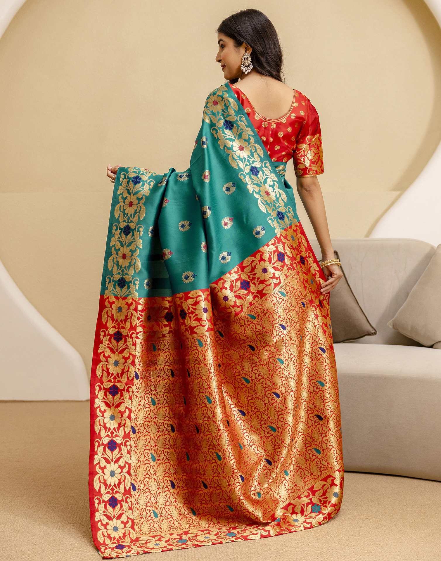 Teal Green Silk Woven Banarasi Saree - Image 8