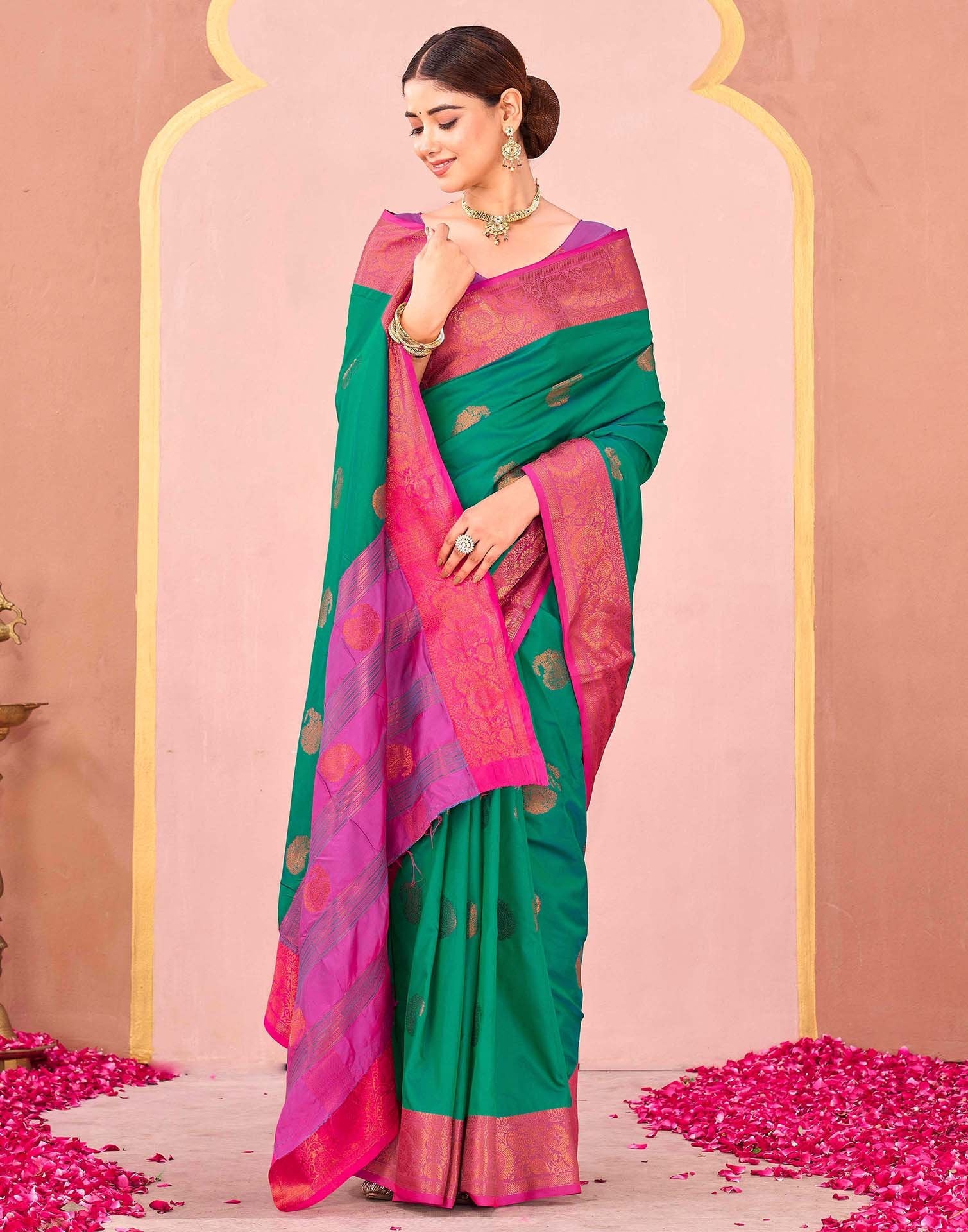 Teal Green Silk Woven Saree - Image 5