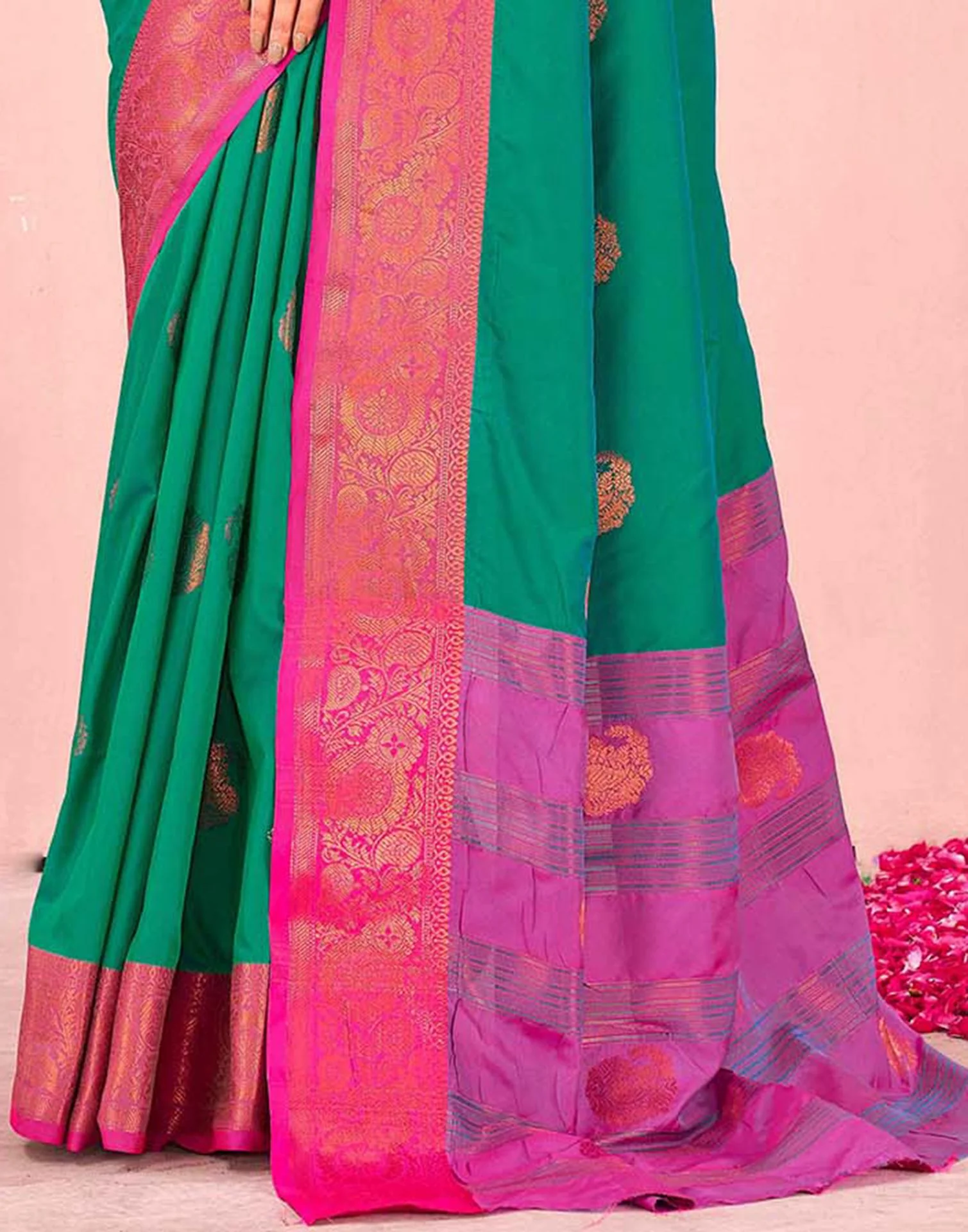 Teal Green Silk Woven Saree - Image 7