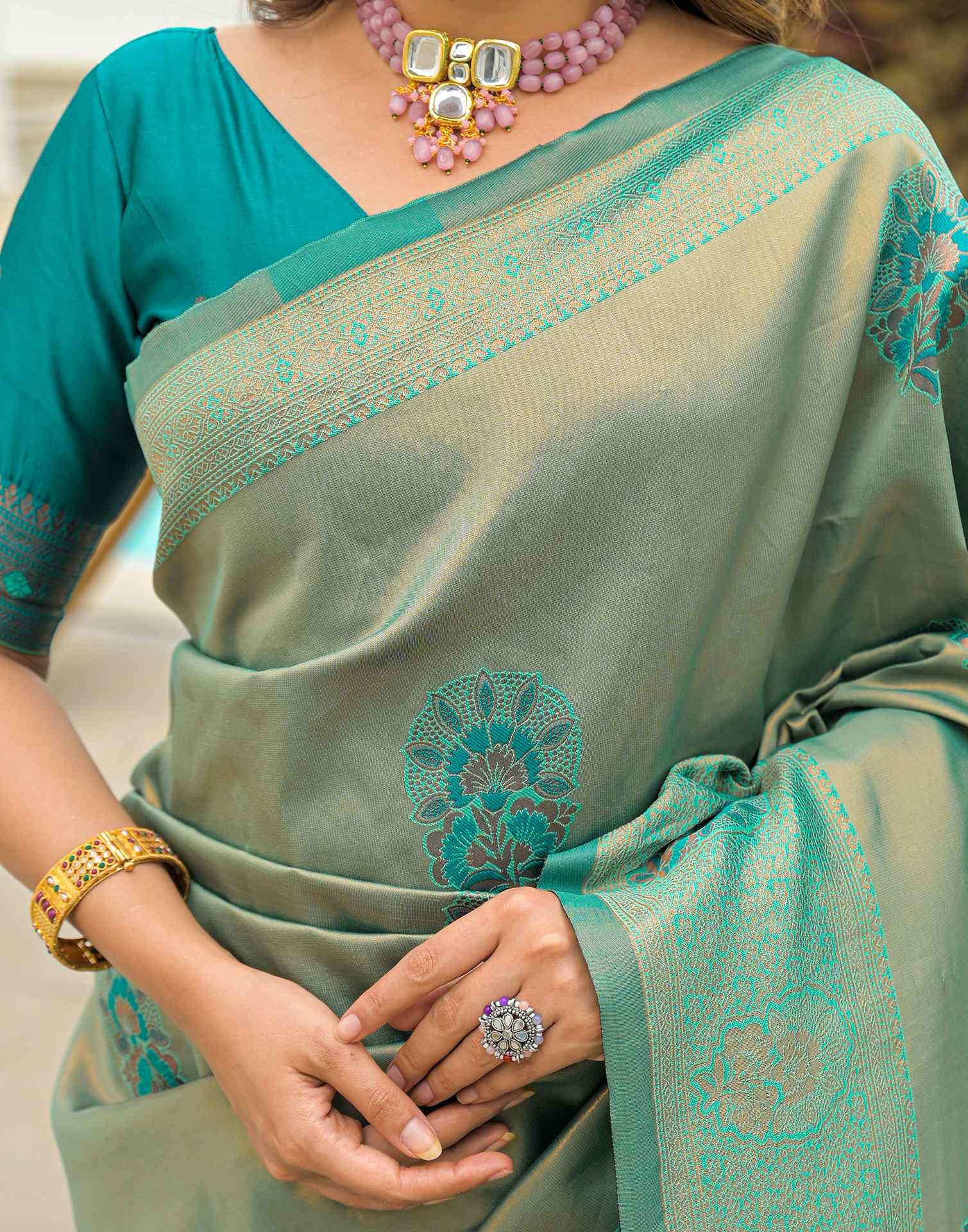 Teal Green Silk Woven Saree - Image 8