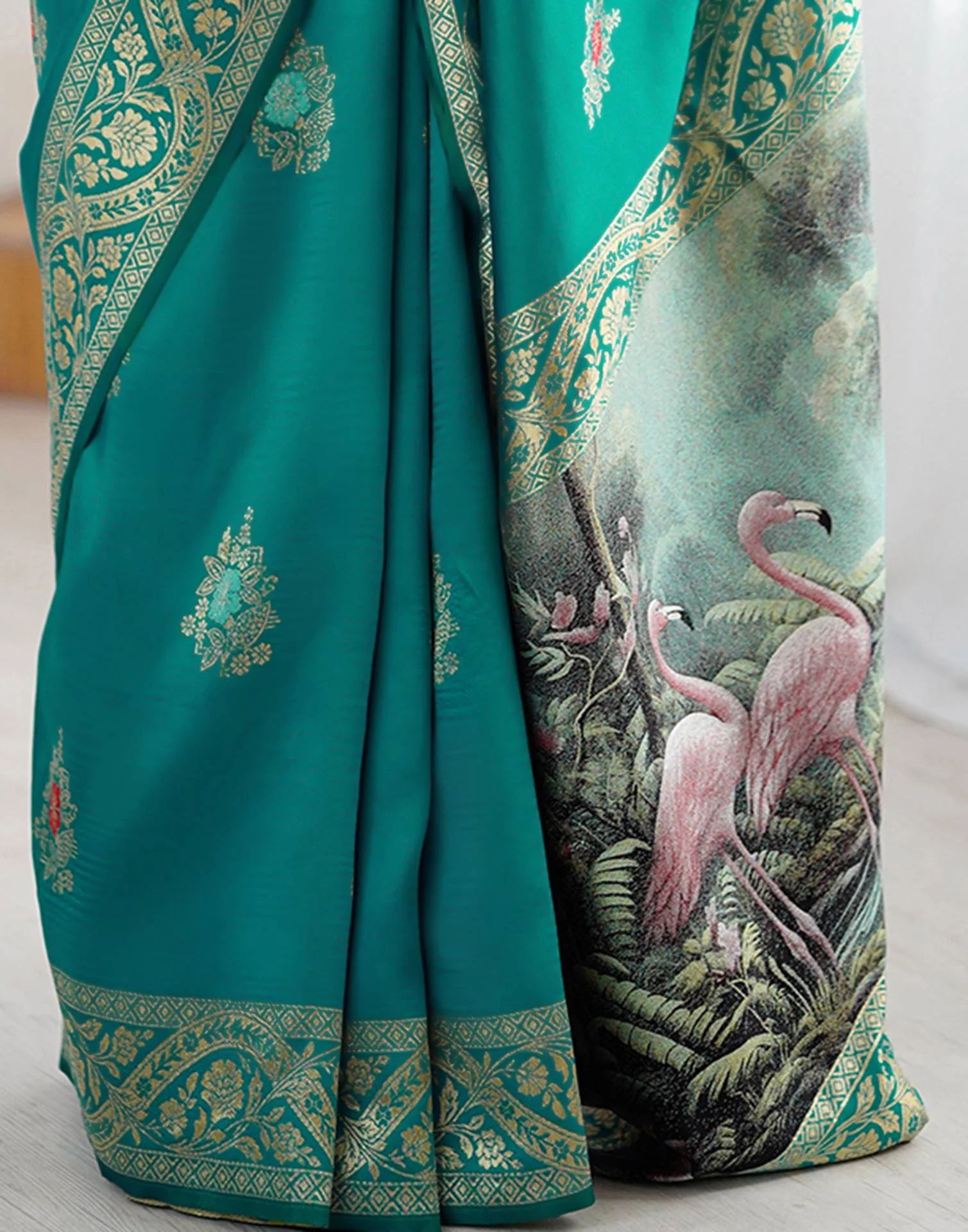 Teal Green Silk Woven Saree - Image 11