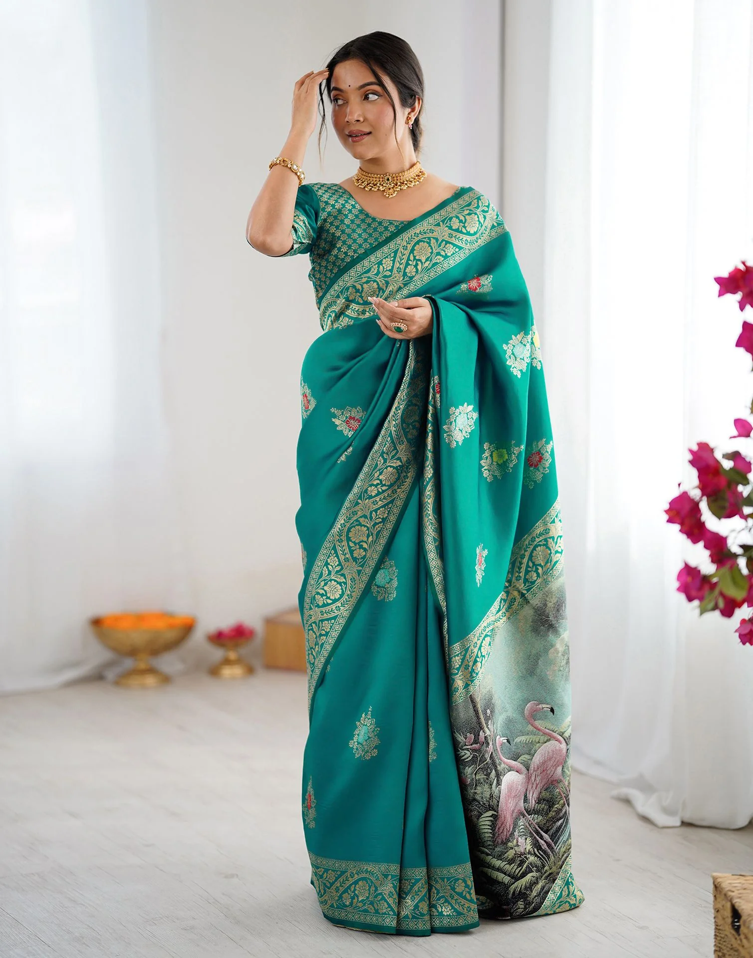 Teal Green Silk Woven Saree - Image 2