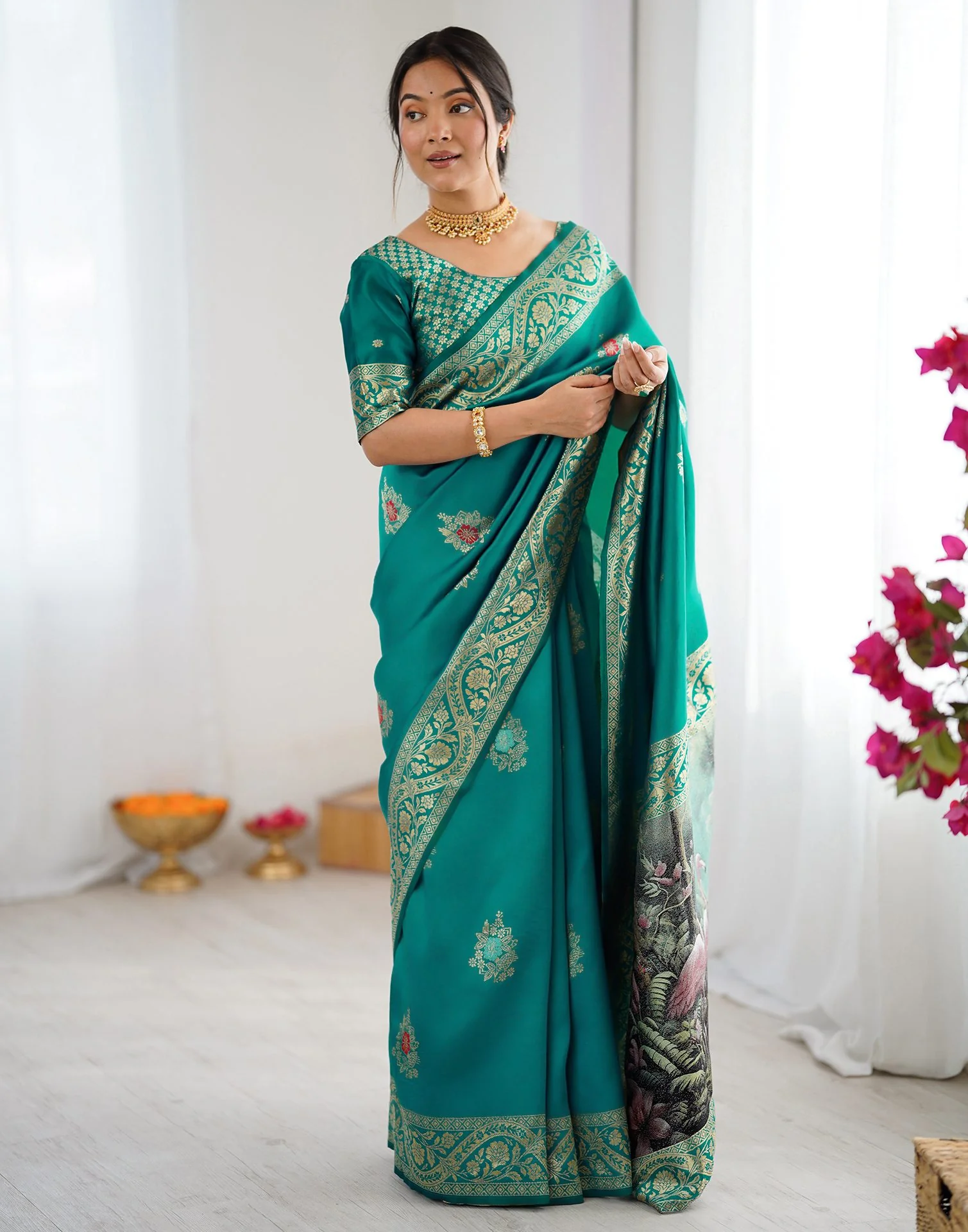 Teal Green Silk Woven Saree - Image 6