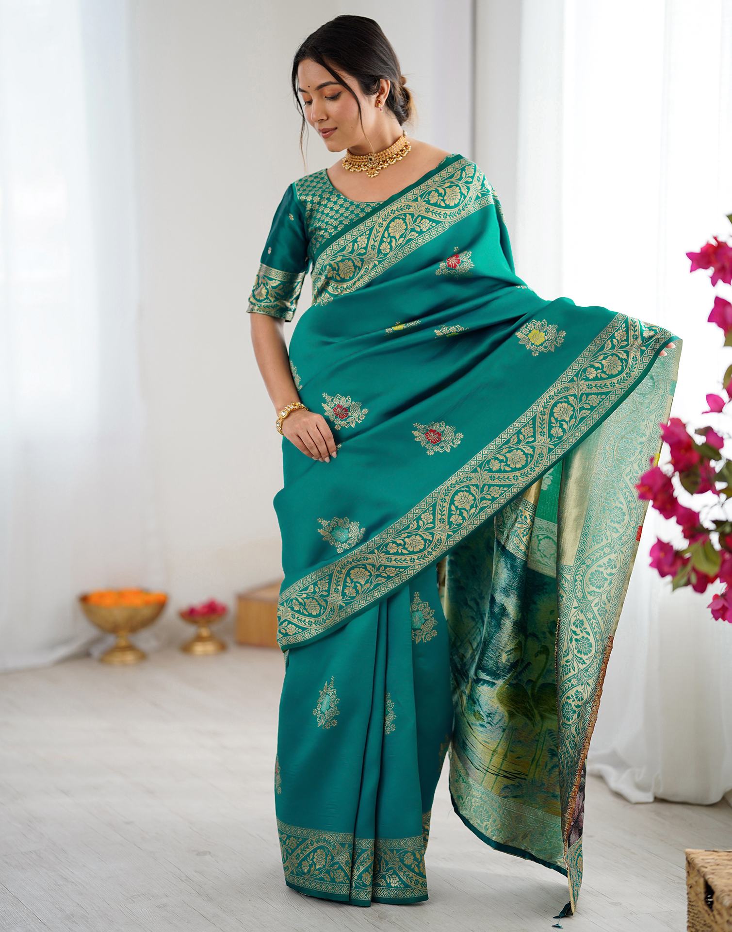 Teal Green Silk Woven Saree - Image 9