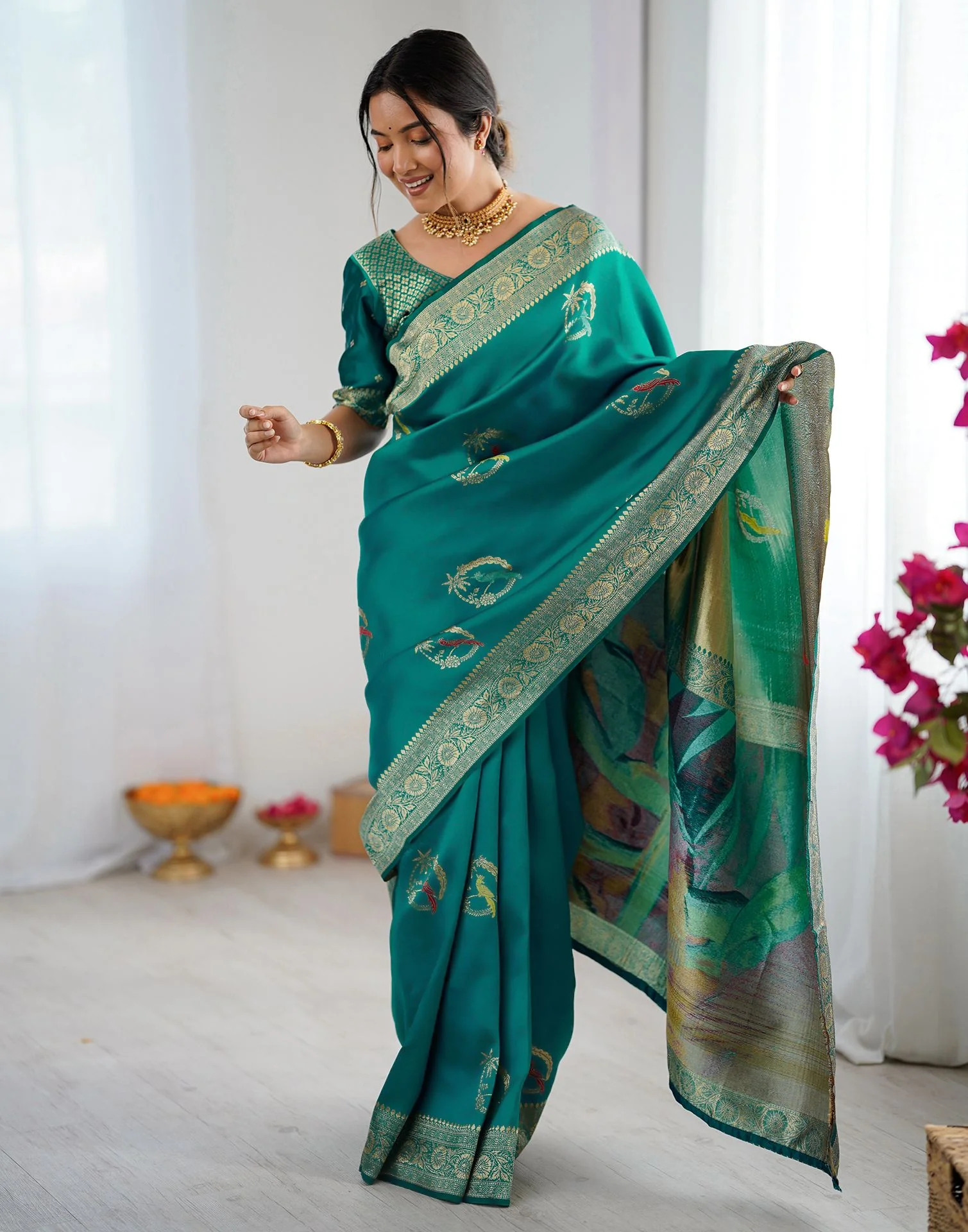 Teal Green Silk Woven Saree - Image 10