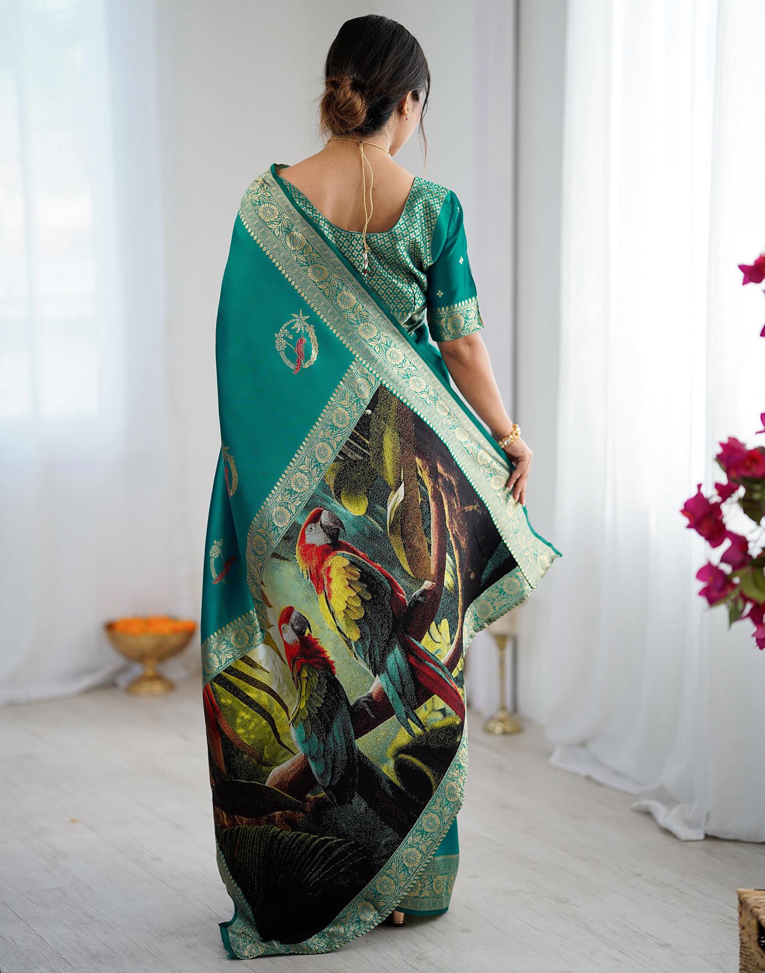 Teal Green Silk Woven Saree - Image 7