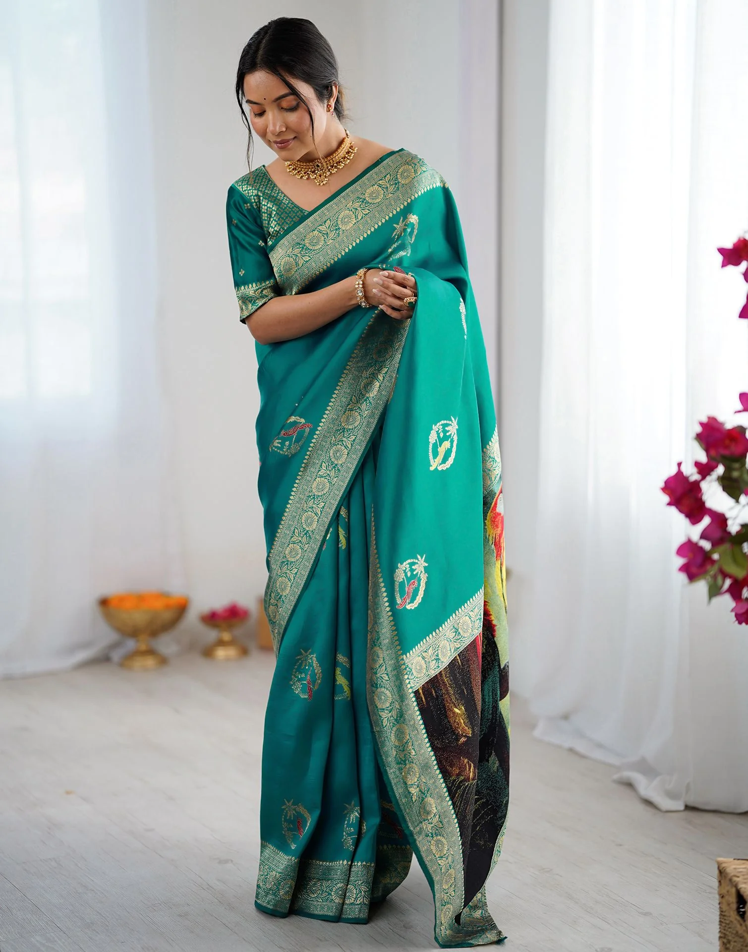 Teal Green Silk Woven Saree - Image 8