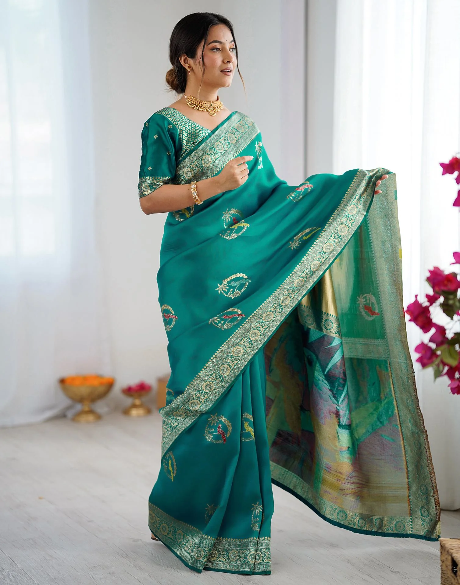 Teal Green Silk Woven Saree - Image 9