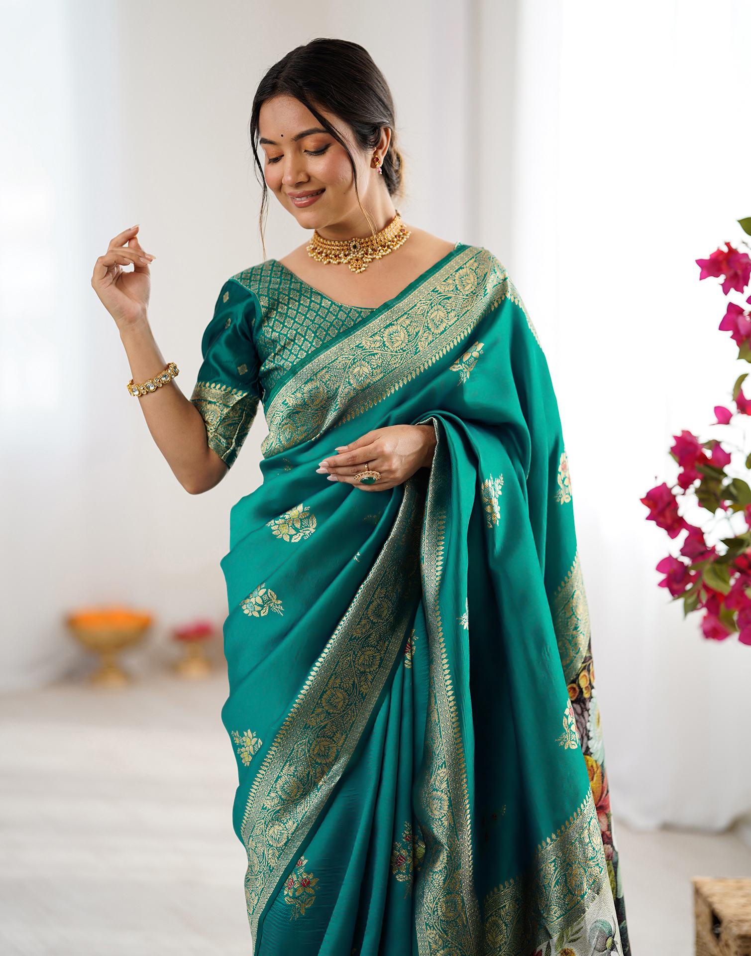Teal Green Silk Woven Saree - Image 4