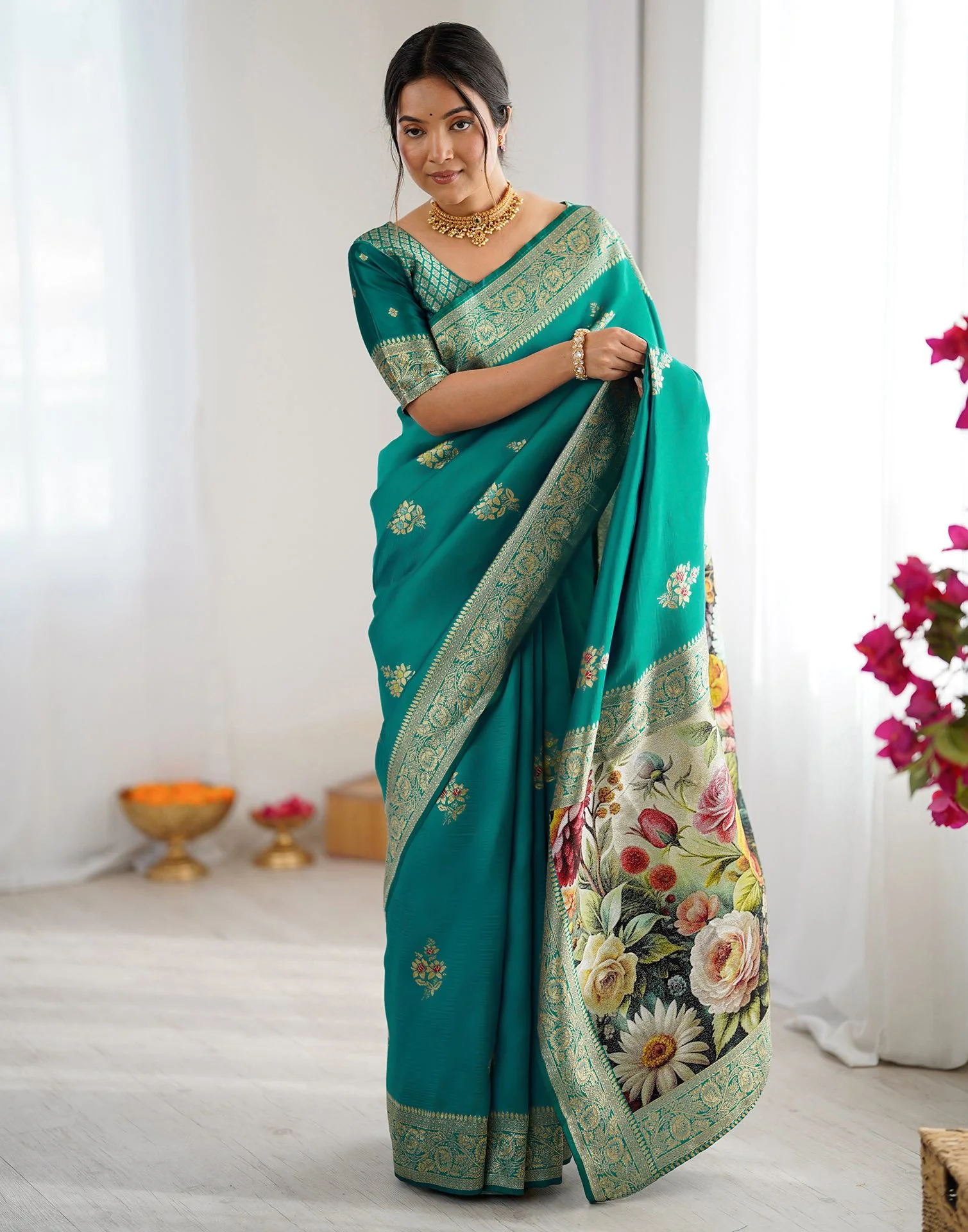 Teal Green Silk Woven Saree - Image 6
