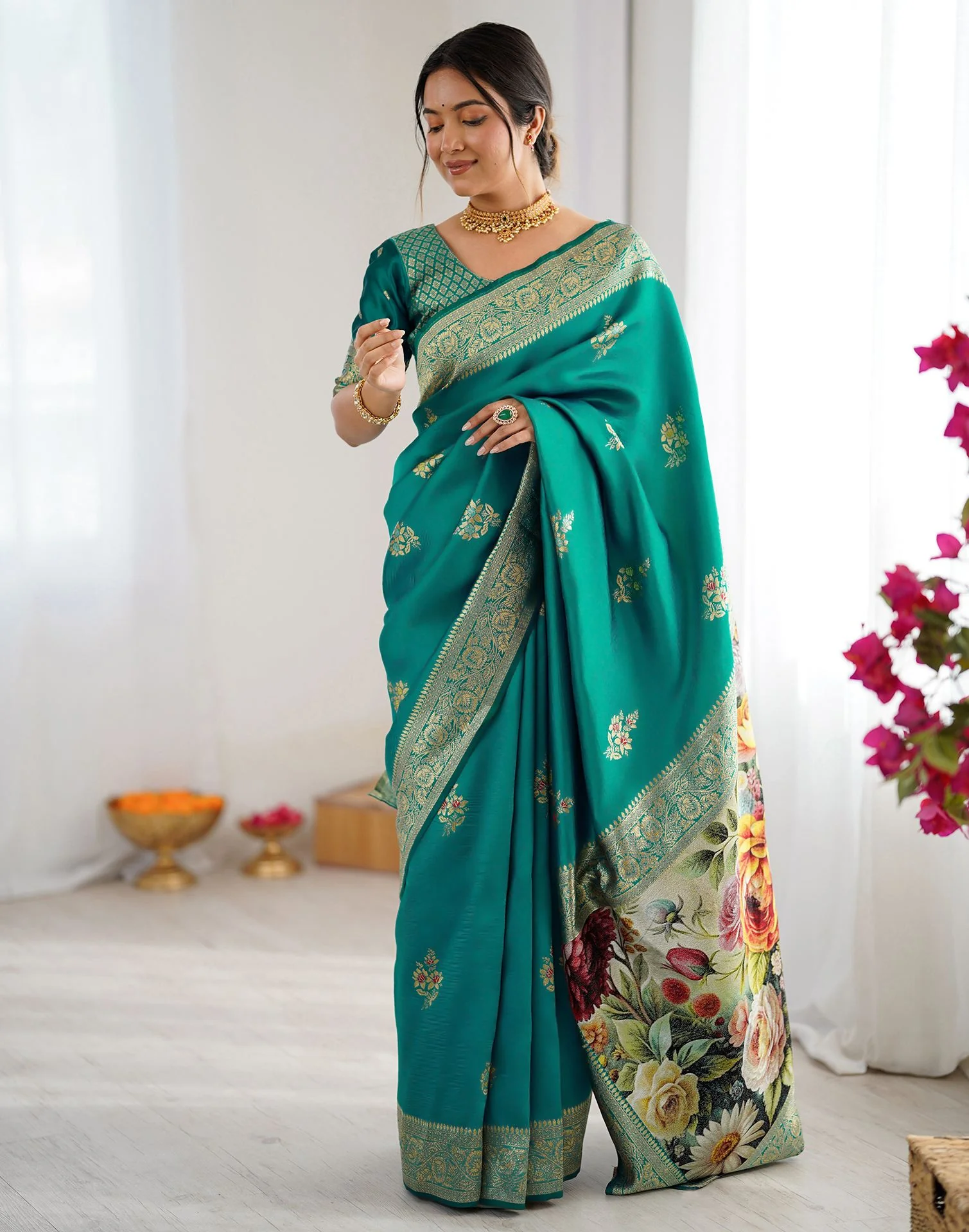 Teal Green Silk Woven Saree - Image 9