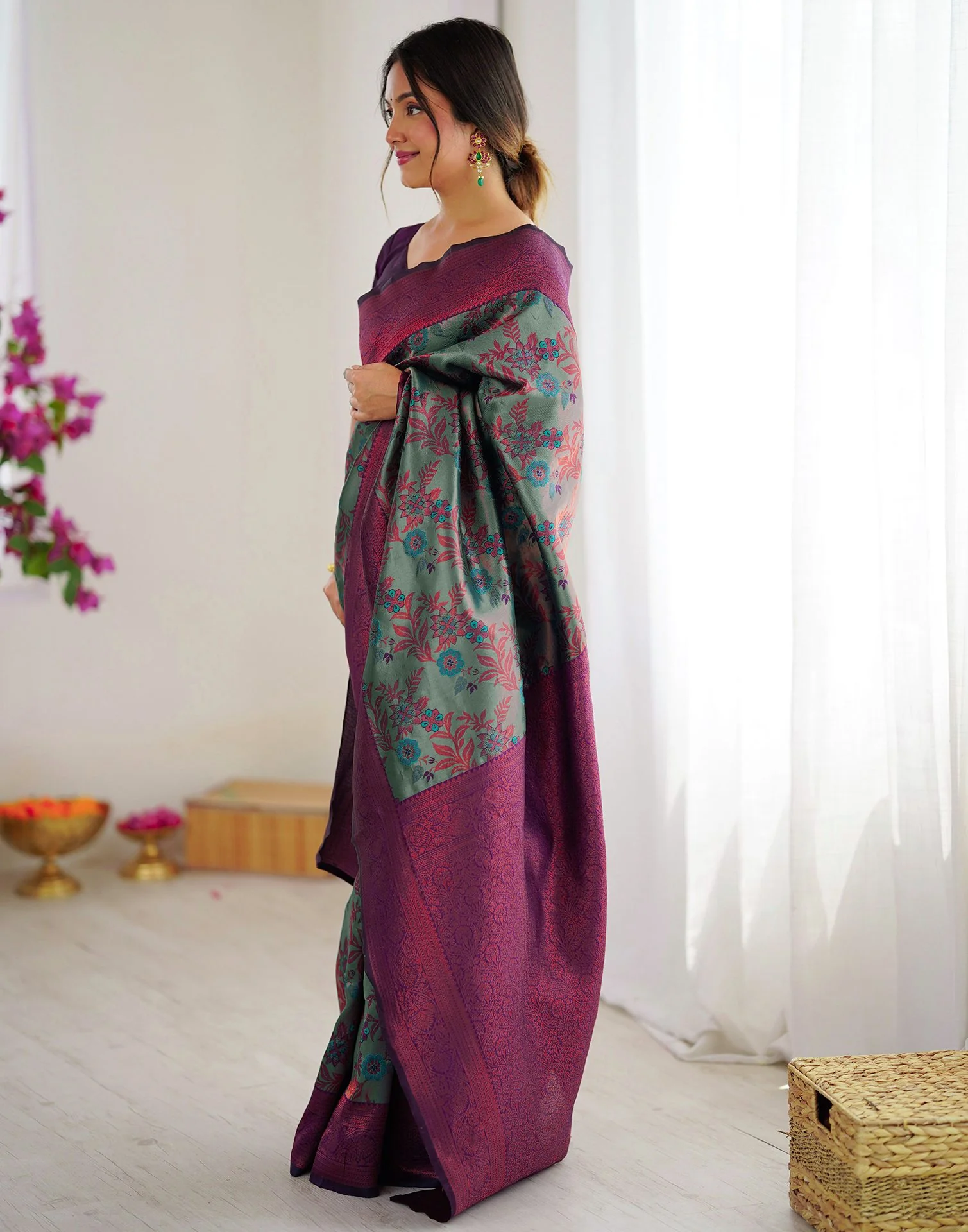 Teal Green Silk Woven Saree - Image 6