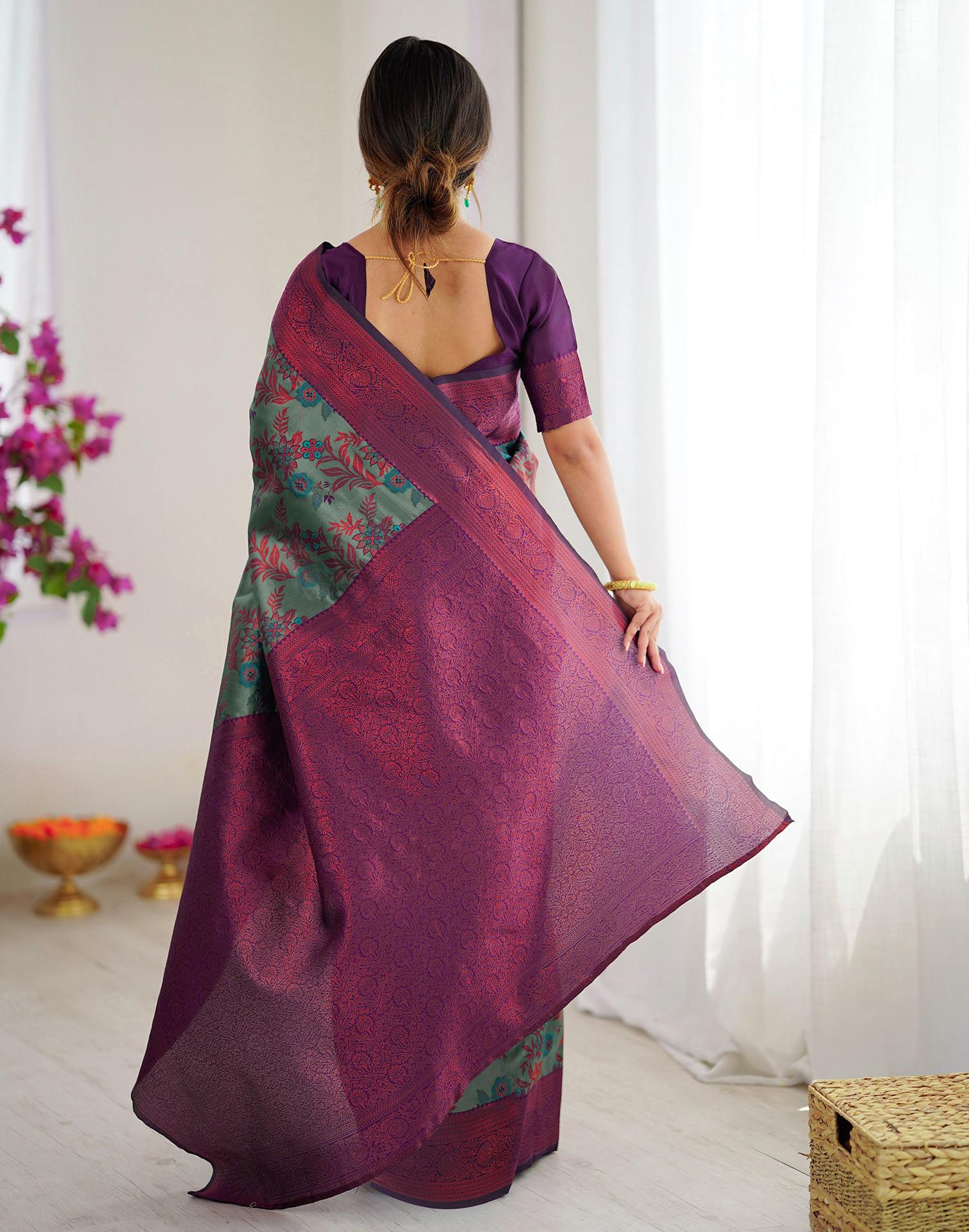 Teal Green Silk Woven Saree - Image 8