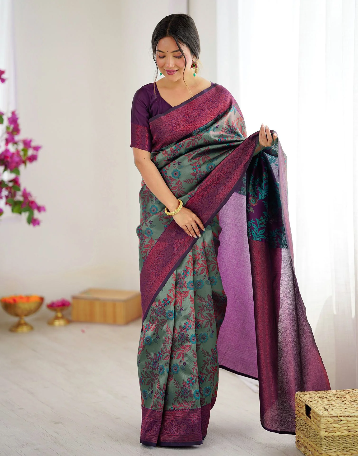 Teal Green Silk Woven Saree - Image 9
