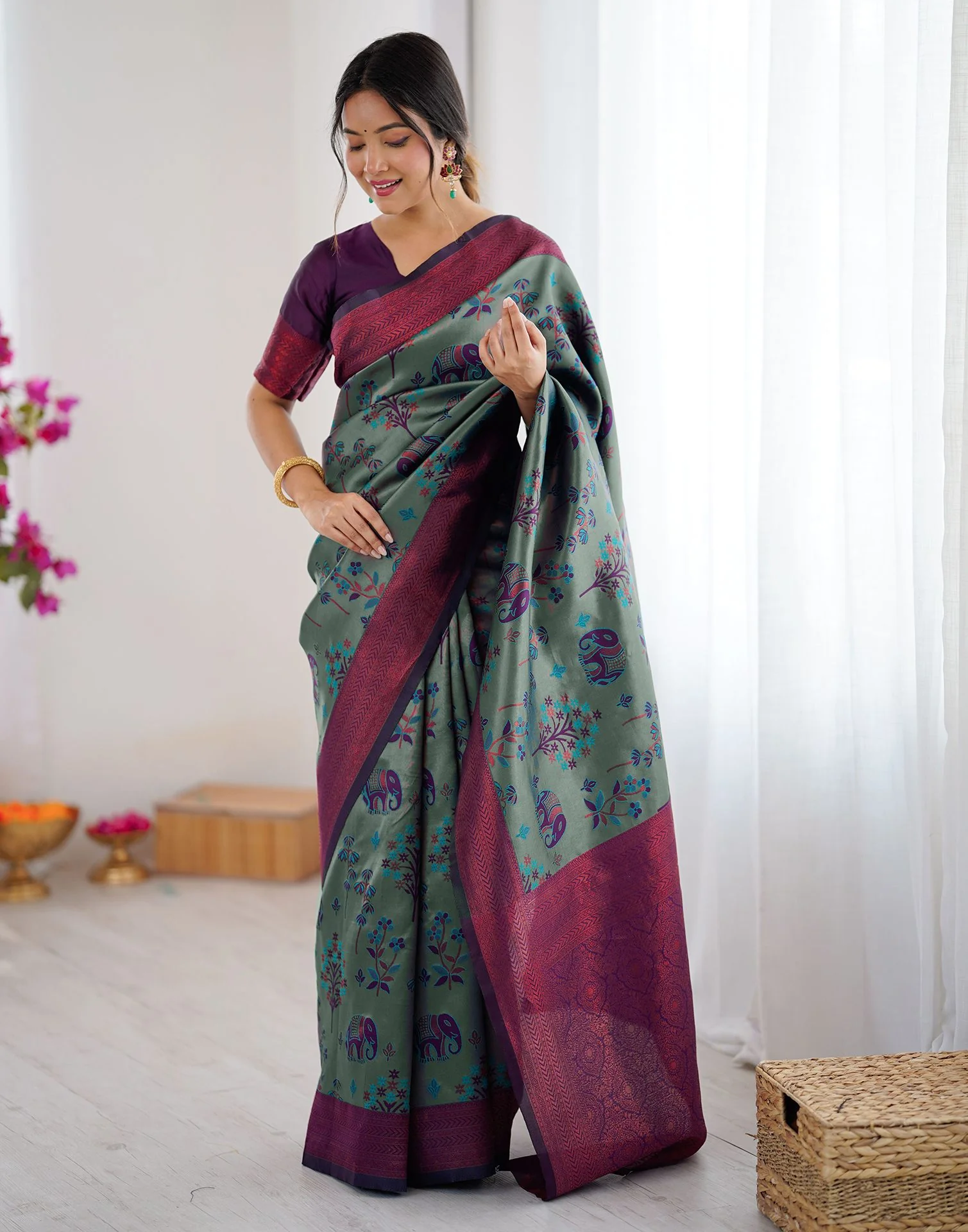 Teal Green Silk Woven Saree - Image 10