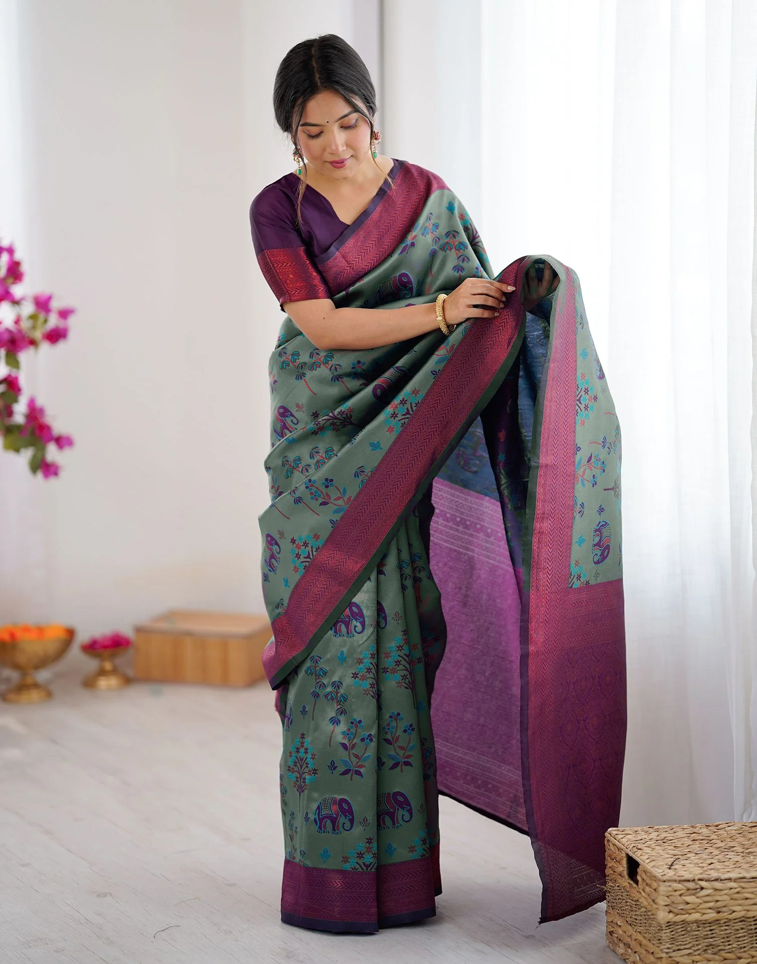 Teal Green Silk Woven Saree - Image 11