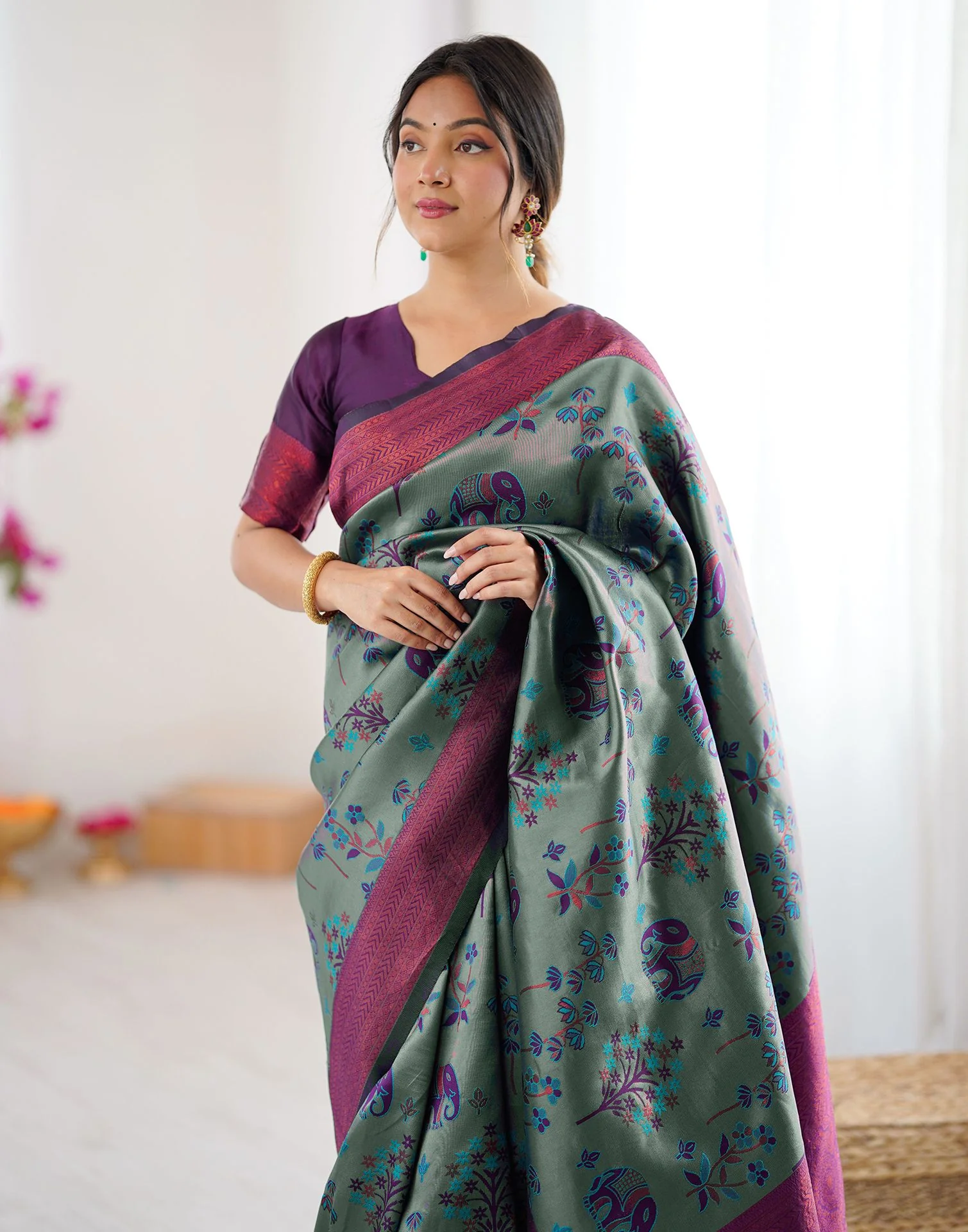 Teal Green Silk Woven Saree - Image 2