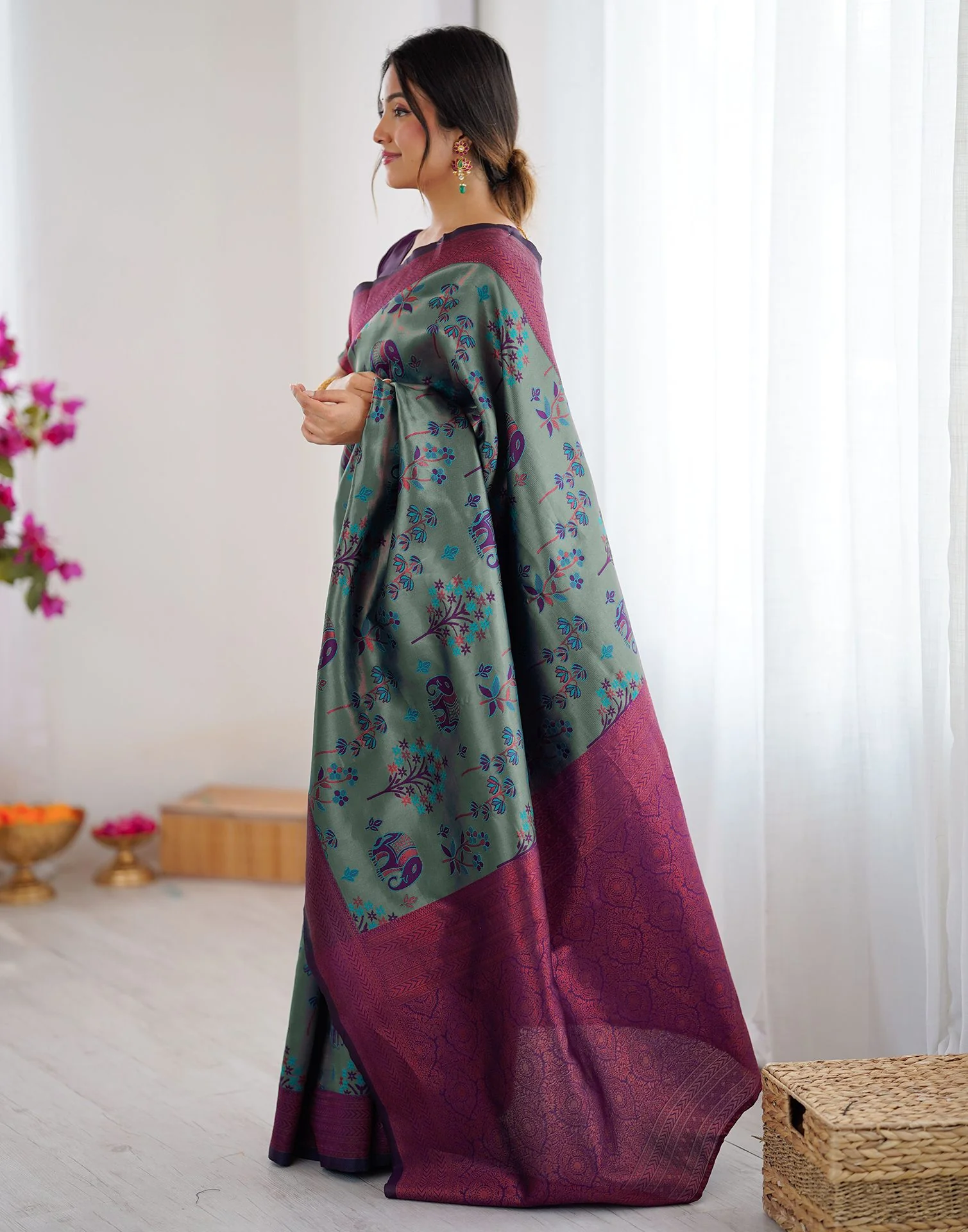 Teal Green Silk Woven Saree - Image 7