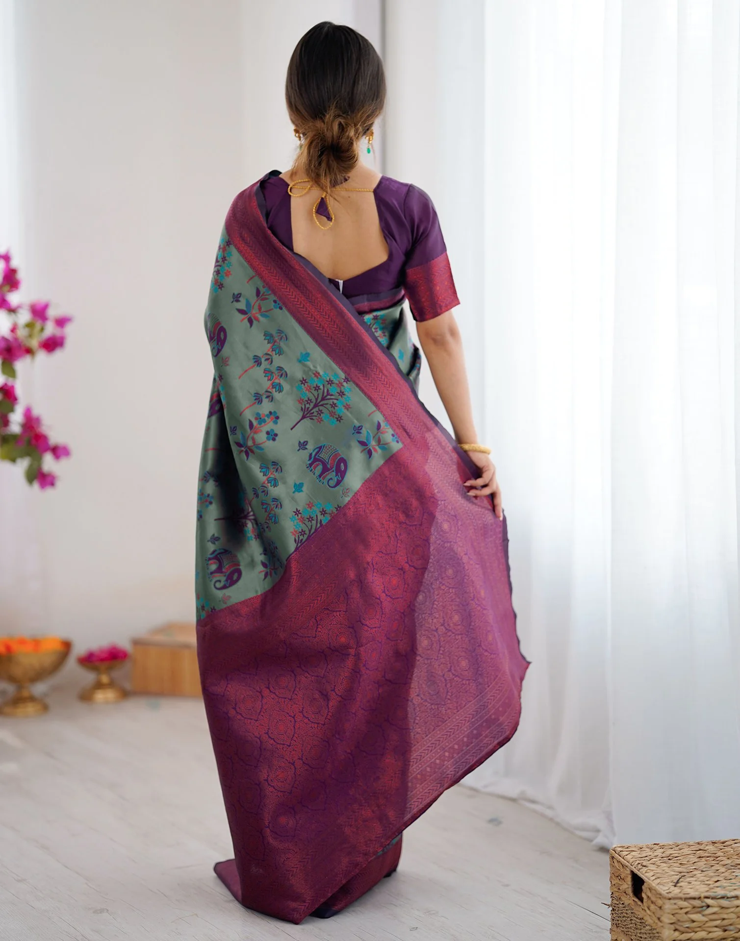 Teal Green Silk Woven Saree - Image 9