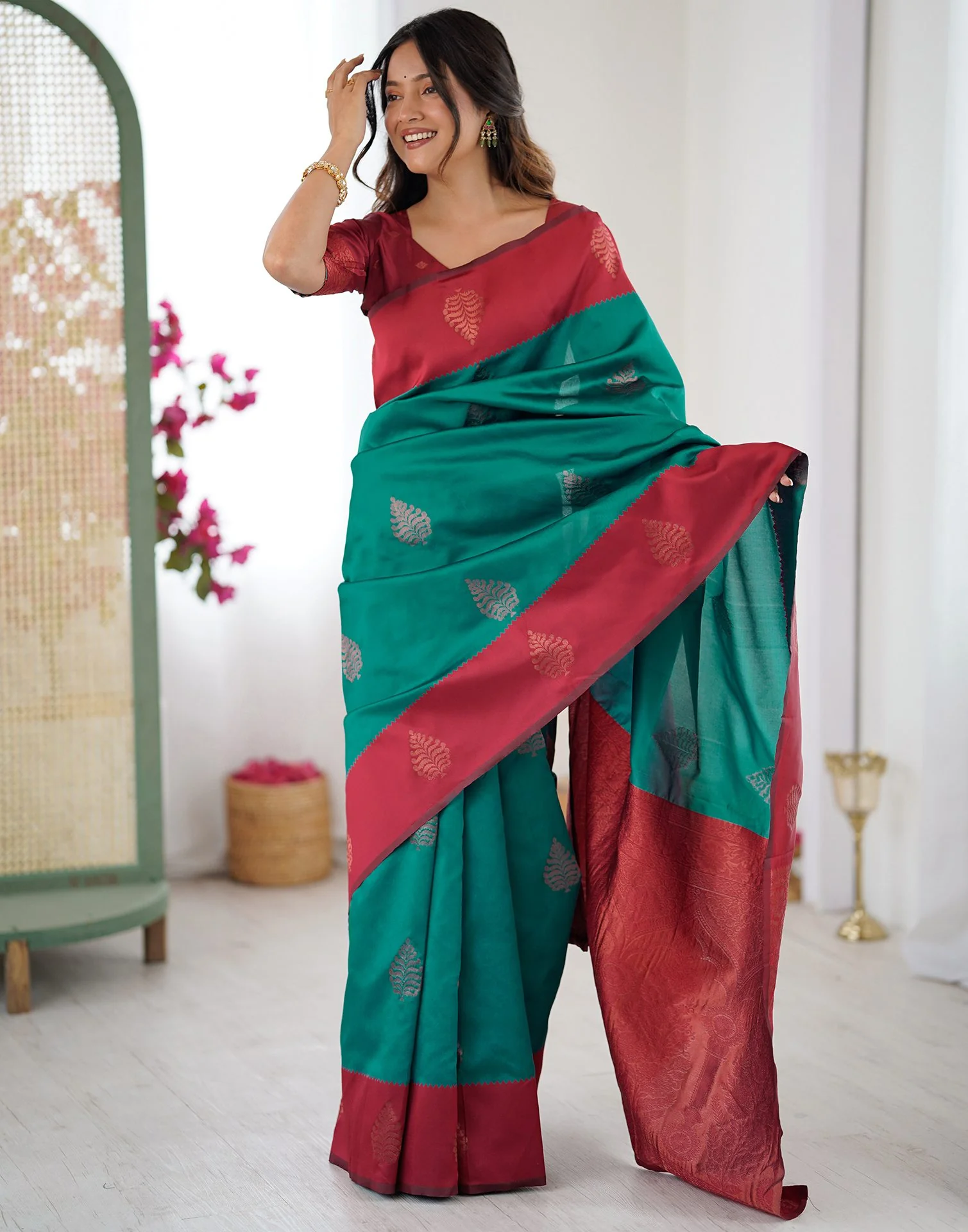 Teal Green Silk Woven Saree - Image 10