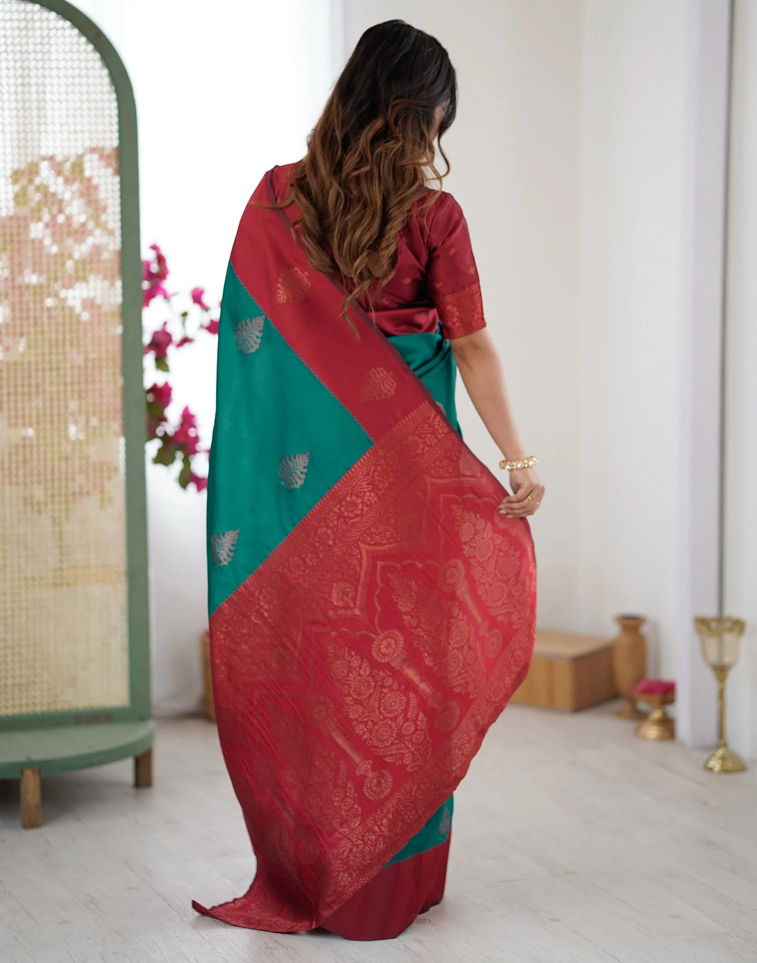 Teal Green Silk Woven Saree - Image 7