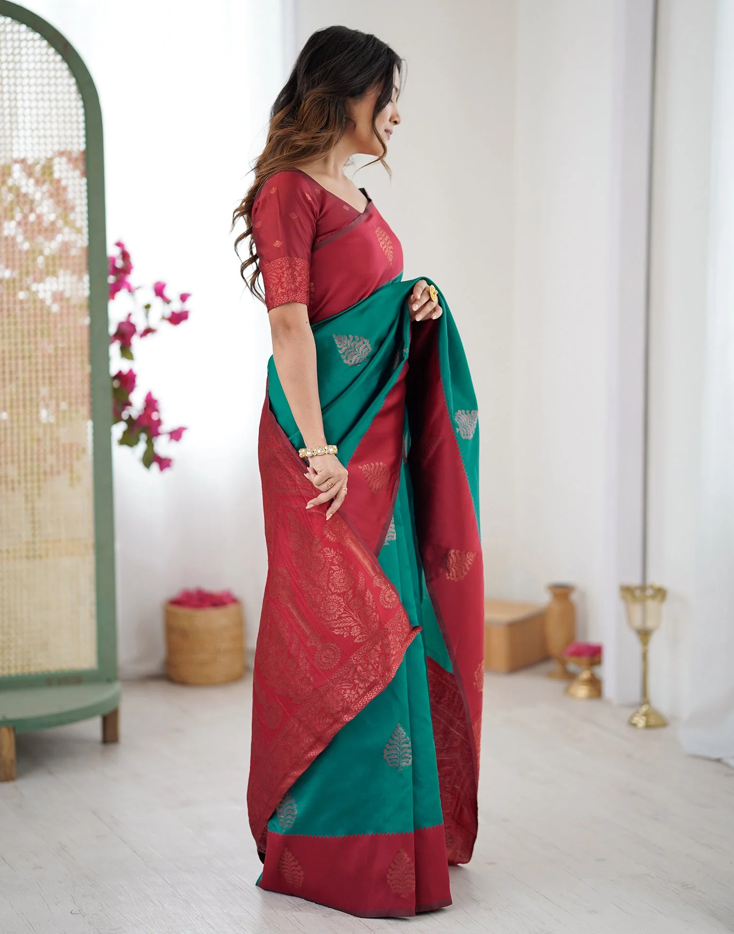 Teal Green Silk Woven Saree - Image 9