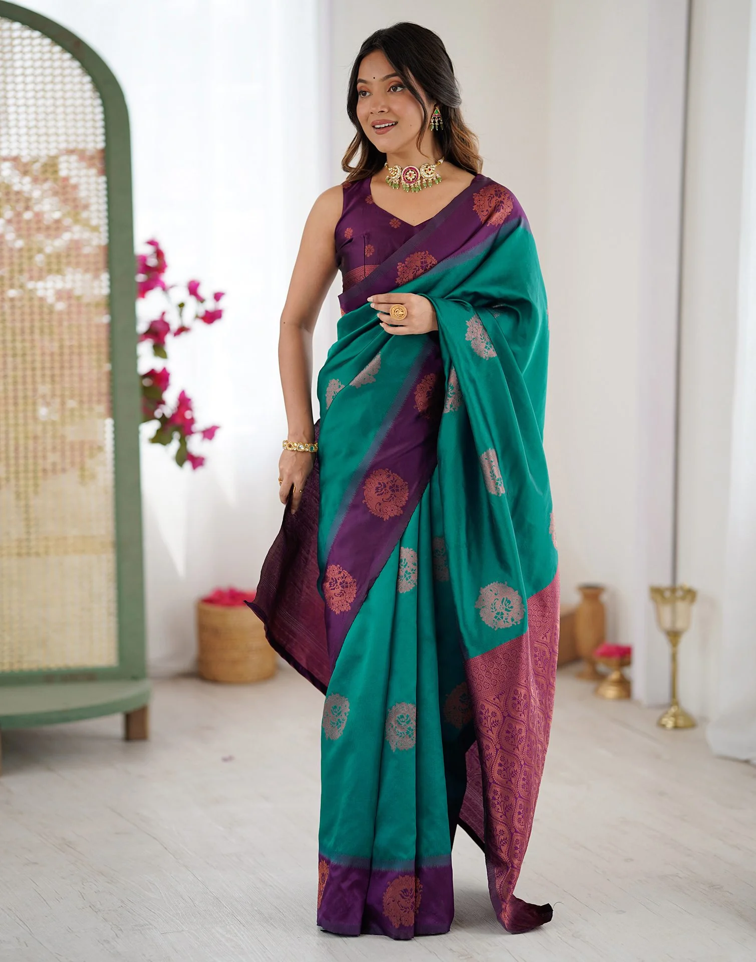 Teal Green Silk Woven Saree - Image 10