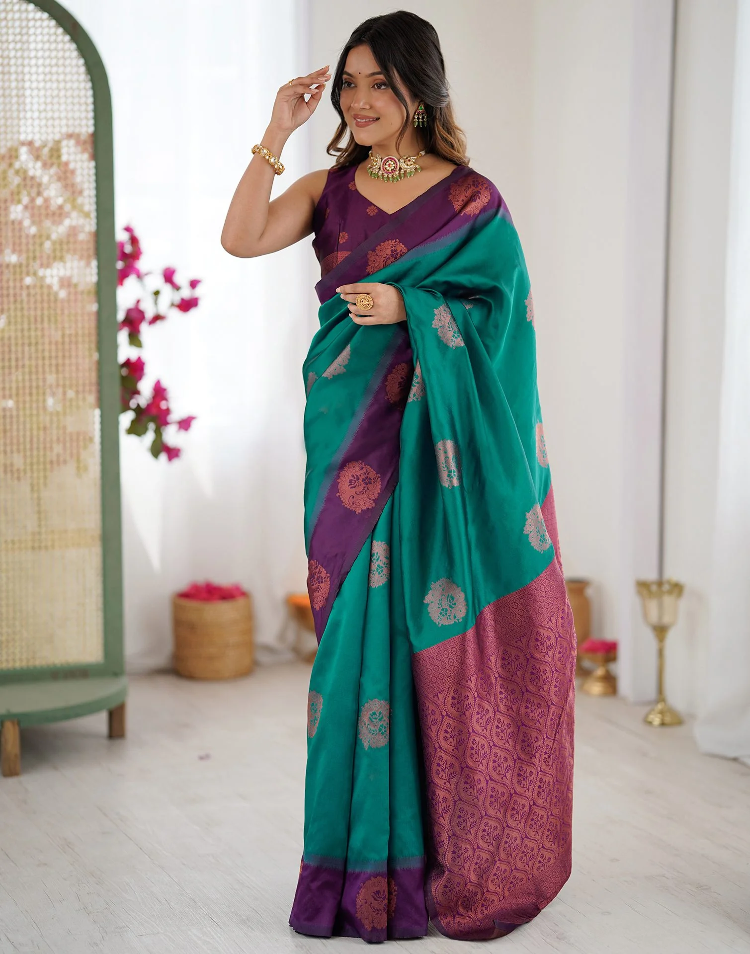 Teal Green Silk Woven Saree - Image 2