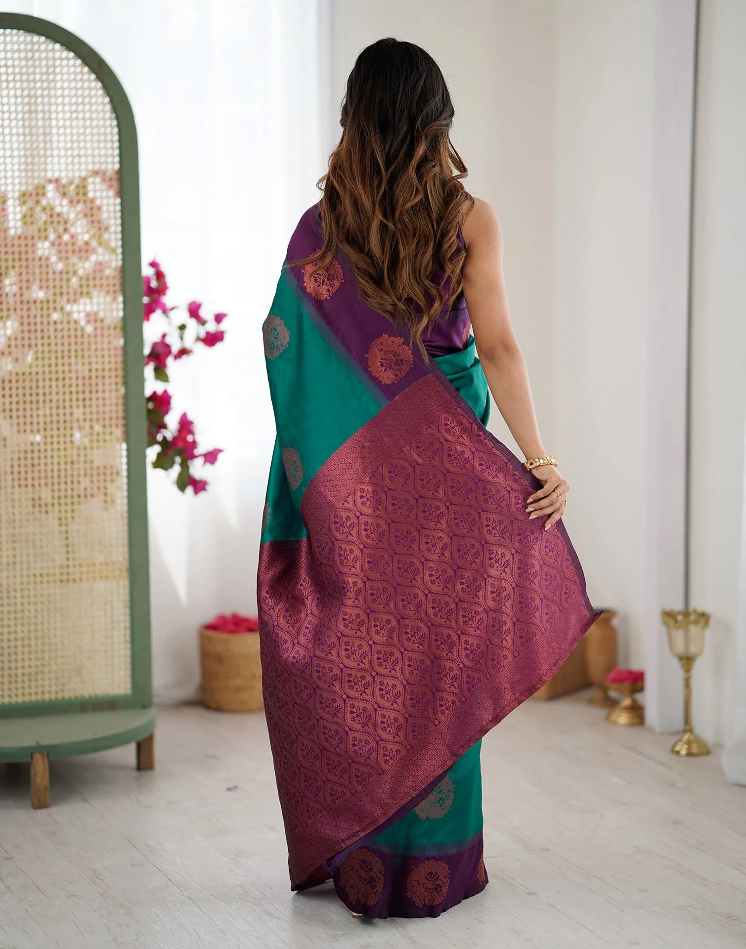 Teal Green Silk Woven Saree - Image 7
