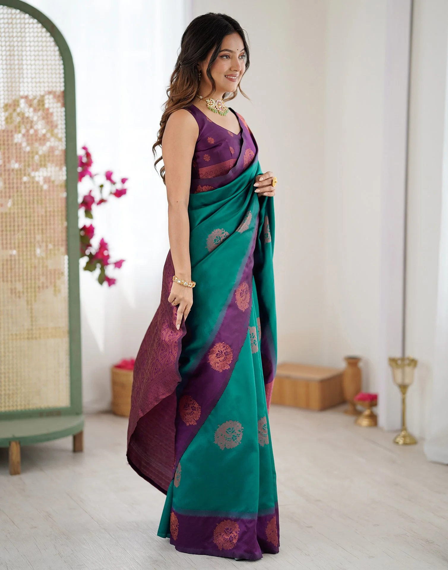Teal Green Silk Woven Saree - Image 8