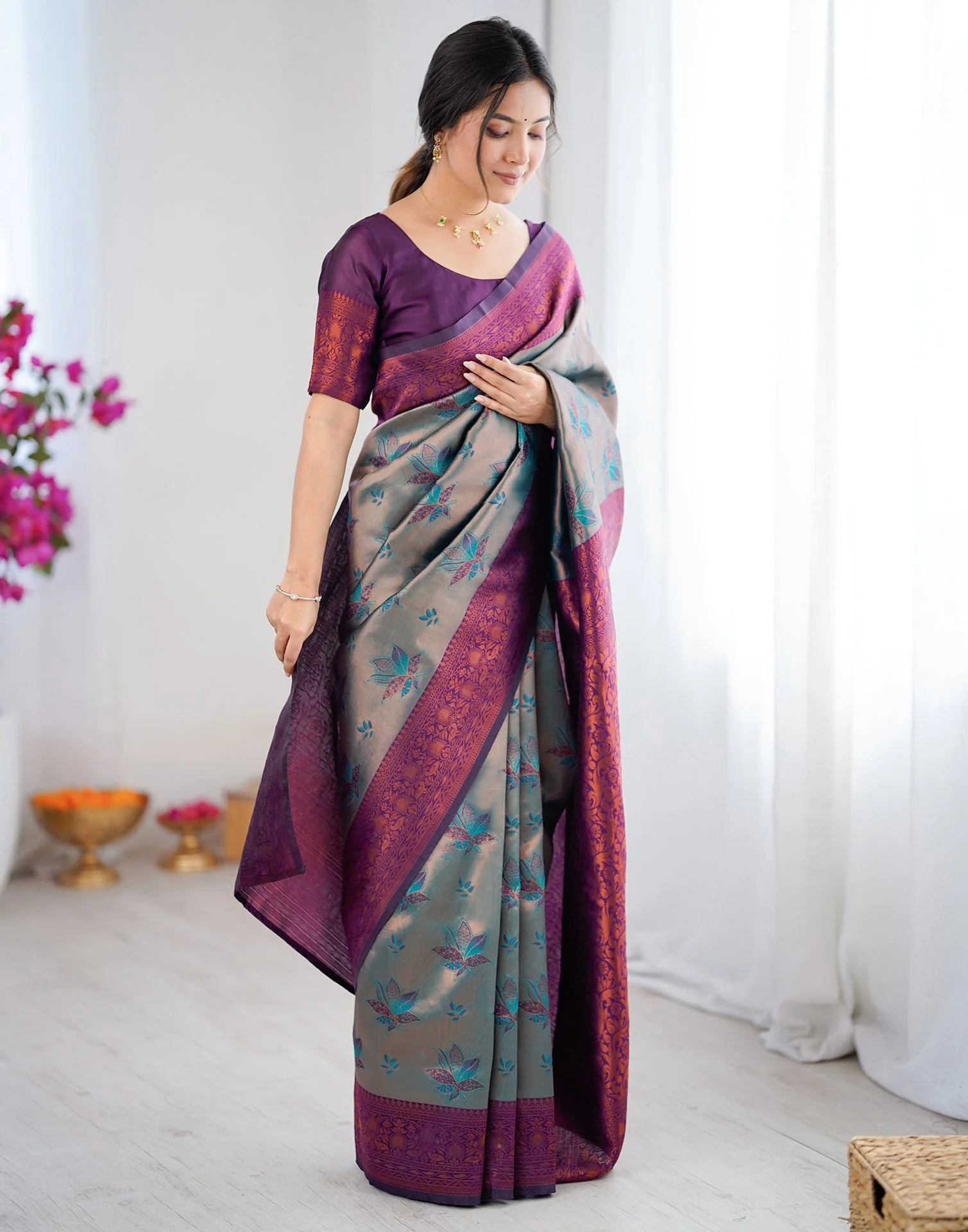 Green Silk Woven Banarasi Saree - Image 7