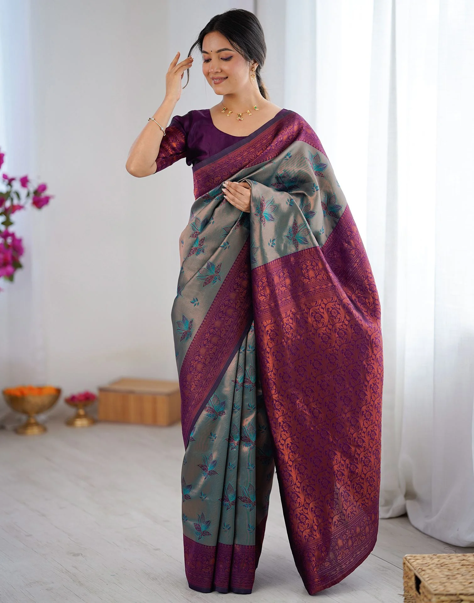Green Silk Woven Banarasi Saree - Image 9