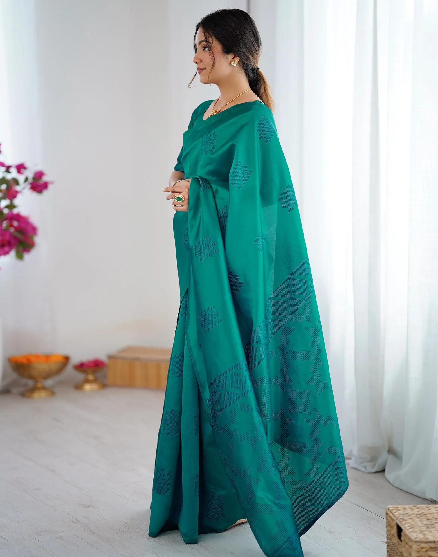 Teal Green Silk Woven Saree - Image 6