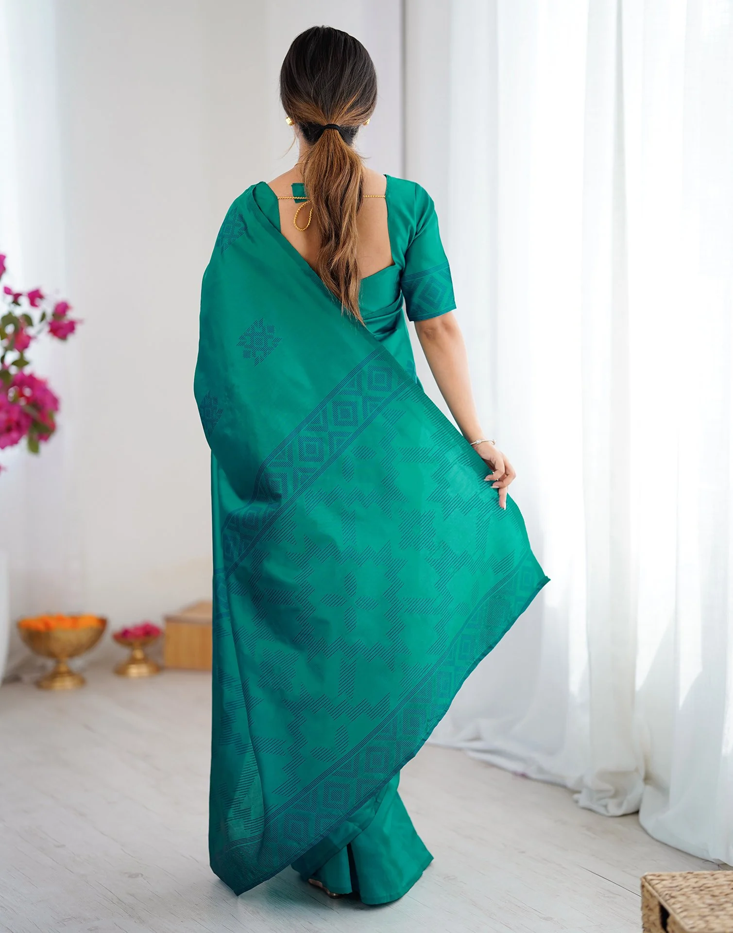 Teal Green Silk Woven Saree - Image 8